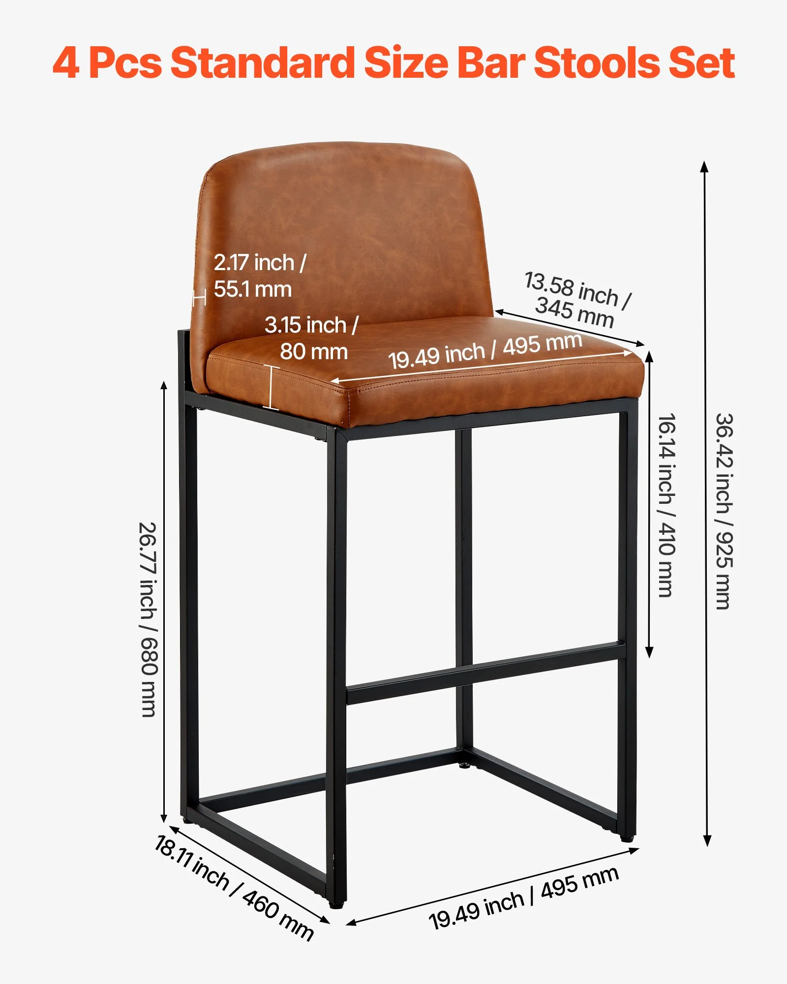 Bar Stool Set of 4, 27 inch Counter Height Stools, Modern PU Leather Counter Barstool with Backrest, Metal Legs, Easy Assembly Armless Bar Chair, Island Barstool for Kitchen, Dining Room, Brown - Image 9