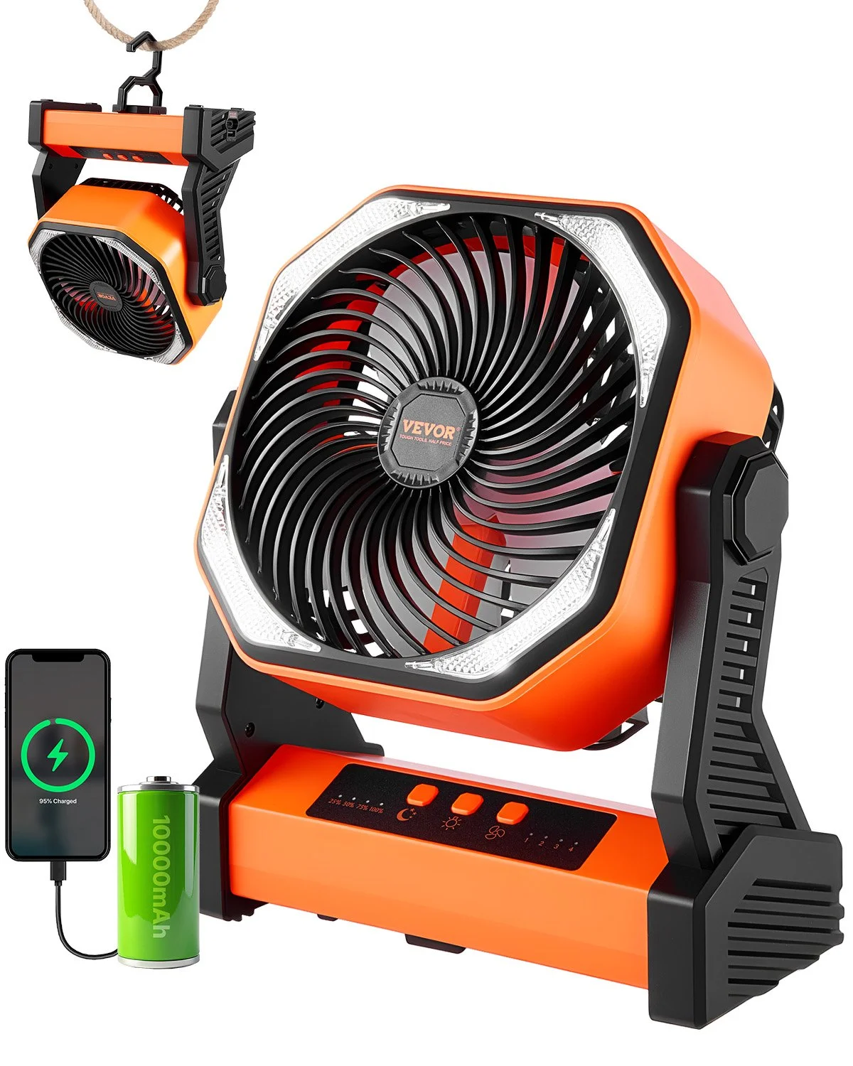 8 inch Rechargeable Camping Fan, Battery Operated with Light & Charging, 4 Speed Portable Outdoor Desktop Fan, 270-degree Manual Tilt for Tent, RV, Car, Travel, Jobsite & Hurricane Power Outages