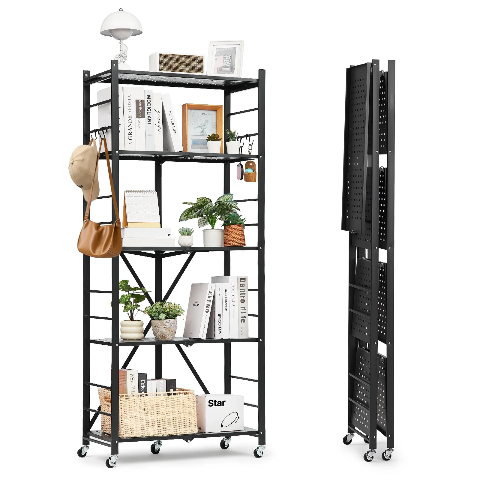 5-Tier Foldable Storage Shelf, 28W x 13D x 66H Inch Folding Metal Rack Shelving Unit, No Assembly Organizer Shelf with 5 Wheels & 4 Hooks for Pantry, Kitchen, Garage, Basement, Black