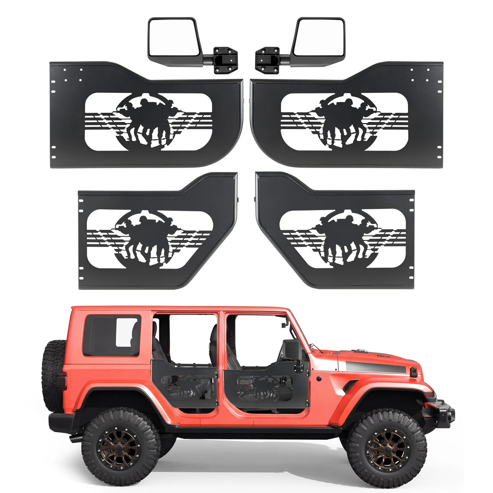 Jeep Tube Doors, 4-Door, Fit for 2018-2026 Jeep Wrangler JL & 2020-2026 Gladiator JT, Soldier Pattern Off Road Front & Rear Tubular Half Doors with DOT Certified Side View Mirrors & Rubber Pads