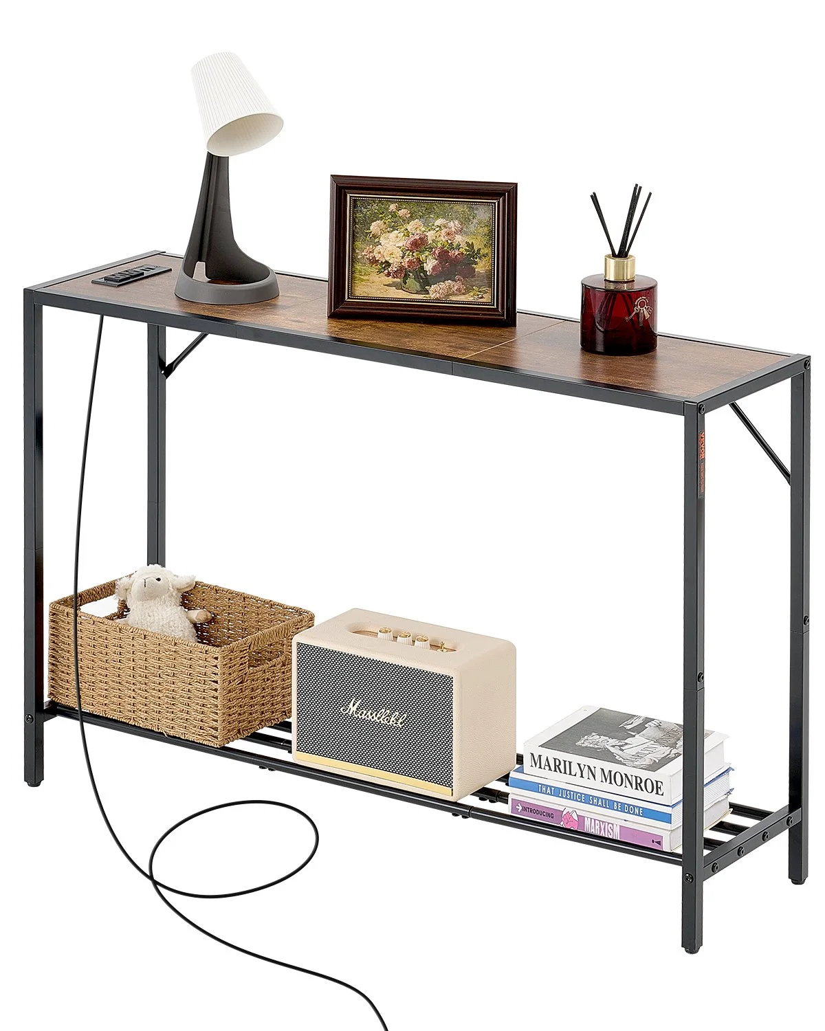 Narrow Console Table, 41.7" Behind Couch Table with Power Outlets, 2-Tier Long Entryway Table, Sofa Table with Metal Frame and Charge Station, for Entryway, Hallway, Living Room
