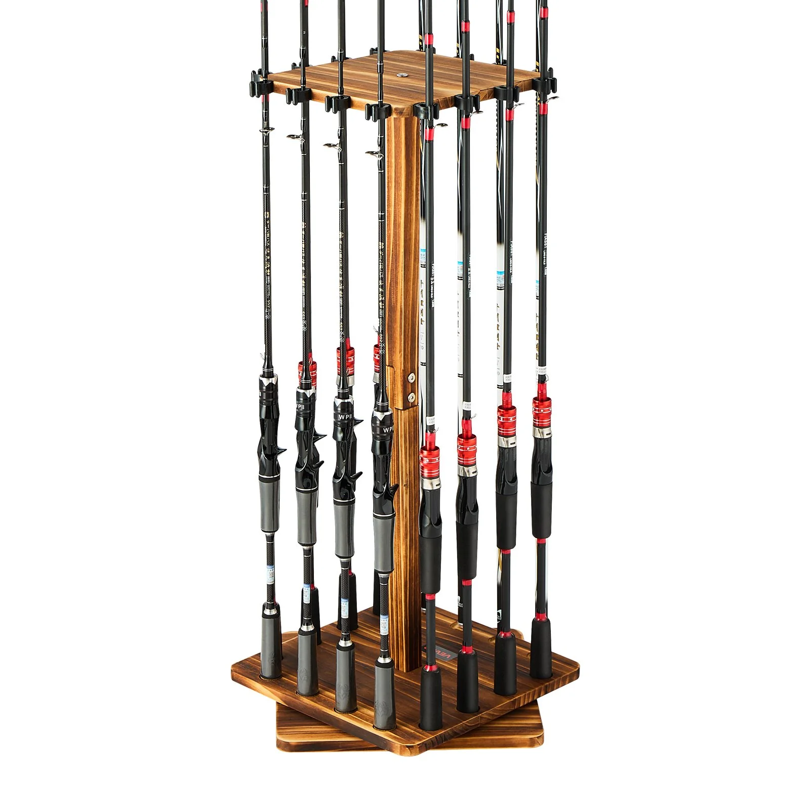 Fishing Rod Holders for 16 Fishing Poles, 360° Rotating Wood Fishing Rods Rack for Garage Organization and Storage, Floor Stand Space-Saving Equipment, for Reels Gear Accessories, Gifts for Men