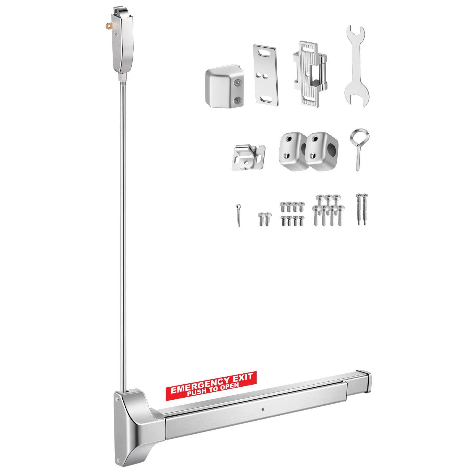 Push Bar Panic Exit Device, 28" Stainless Steel Commercial Panic Bar for Exit Doors, Emergency Exit Door Hardware with Vertical Top Rod and Sticker, for 28"-41" Wood or Metal Door, Silver