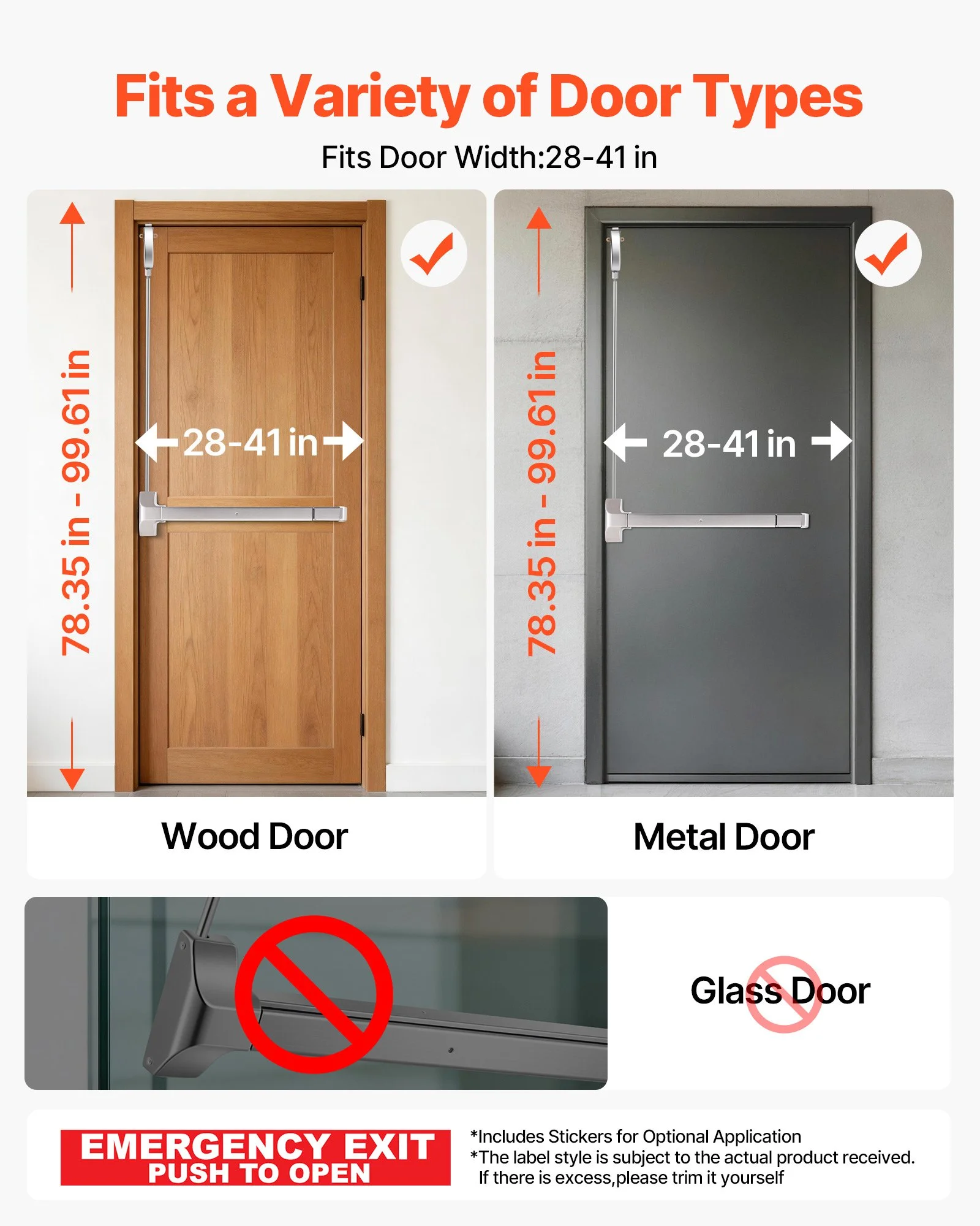 Push Bar Panic Exit Device, 28" Stainless Steel Commercial Panic Bar for Exit Doors, Emergency Exit Door Hardware with Vertical Top Rod and Sticker, for 28"-41" Wood or Metal Door, Silver - Image 10