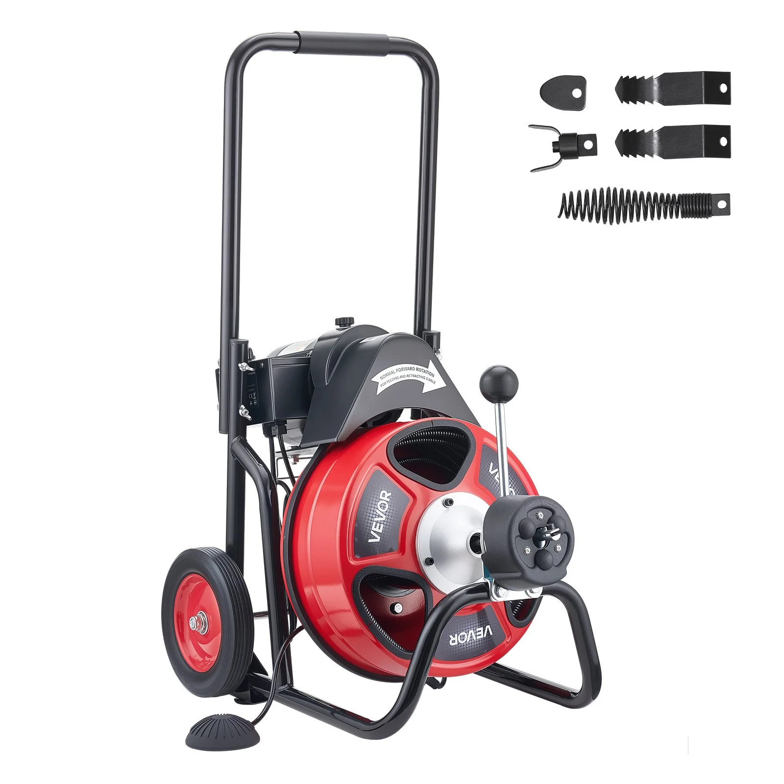Drain Cleaner Machine 75 FT x 3/8 Inch, Auto Feed Sewer Snake Auger on Wheels, Portable Drain Cleaning Machine with 4 Cutters & Air-activated Foot Switch for 2" to 4" Pipes
