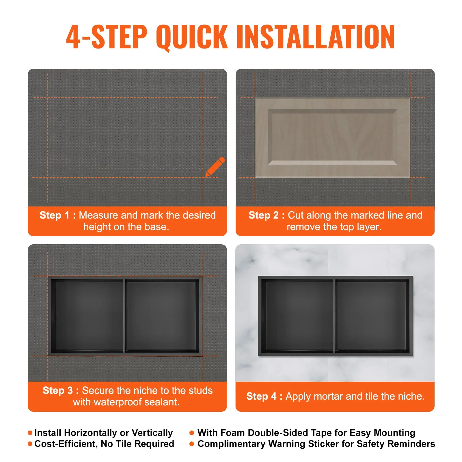13"x25" No Tile Shower Niche 304 Stainless Steel, Wall-Inserted Niche Recessed Double Shelves, Sealed Waterproof Rust-Resistant Easy Cleaning Modern Niche for Shower or Soap Storage Bathroom - Image 8