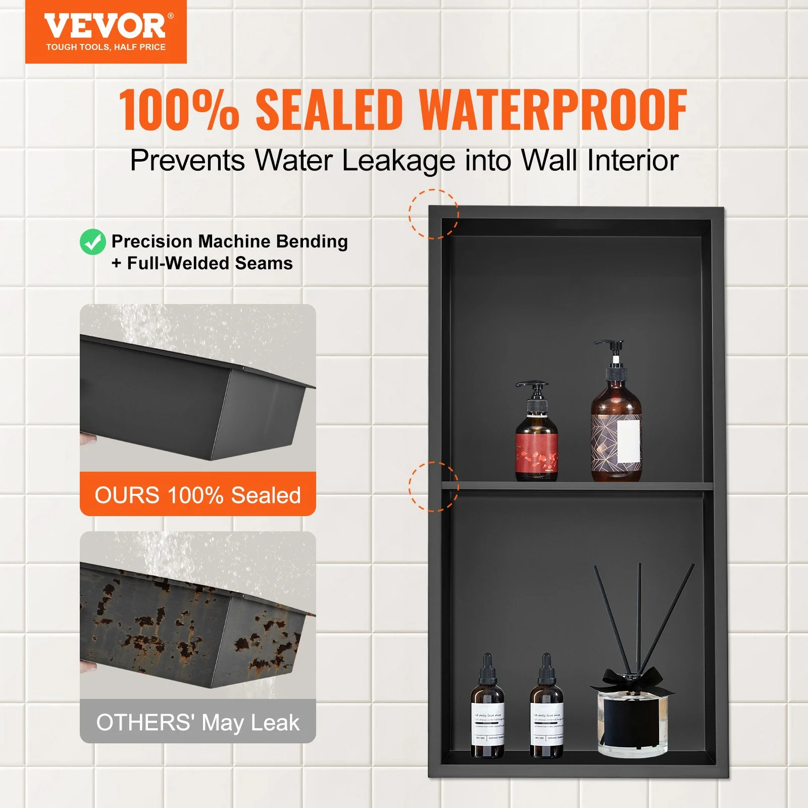 13"x25" No Tile Shower Niche 304 Stainless Steel, Wall-Inserted Niche Recessed Double Shelves, Sealed Waterproof Rust-Resistant Easy Cleaning Modern Niche for Shower or Soap Storage Bathroom - Image 3