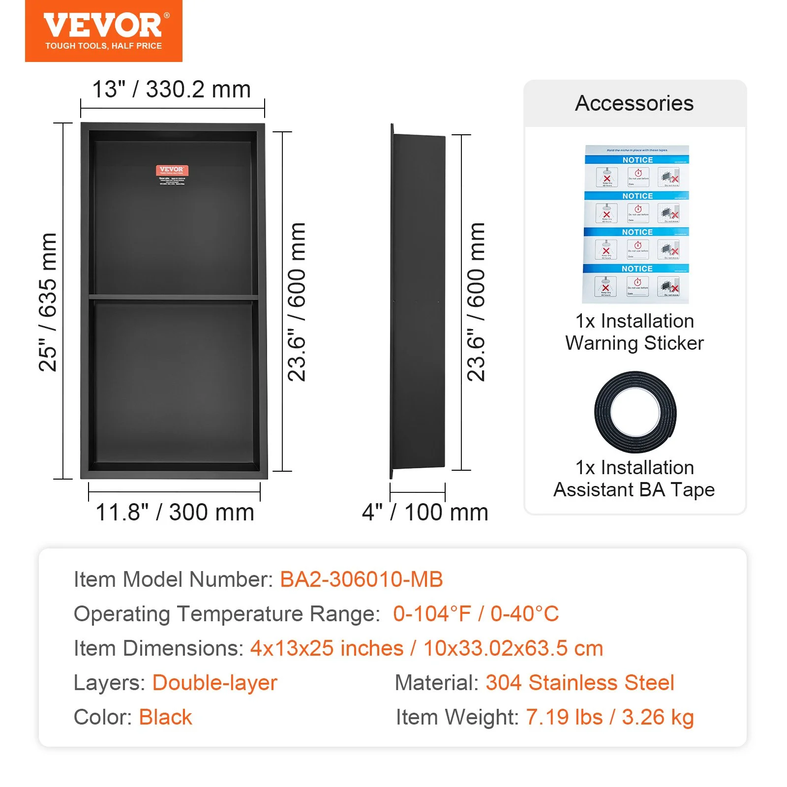 13"x25" No Tile Shower Niche 304 Stainless Steel, Wall-Inserted Niche Recessed Double Shelves, Sealed Waterproof Rust-Resistant Easy Cleaning Modern Niche for Shower or Soap Storage Bathroom - Image 9