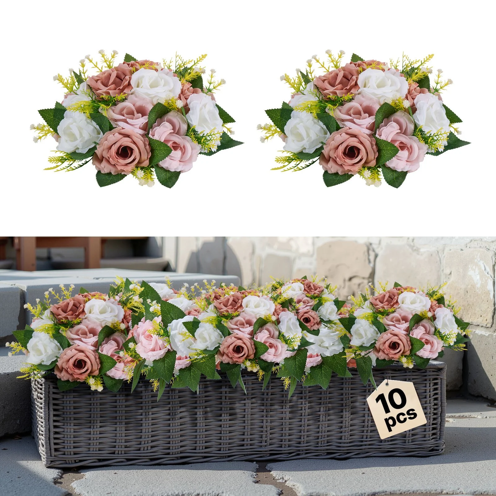 Flower Ball Arrangement Bouquet 10PCS, 9.5-Inch Diameter Artificial Flower Balls Wedding Table Centerpieces, Faux Rose Arrangements for Wedding Centerpiece Home Decoration, Pink and White Roses