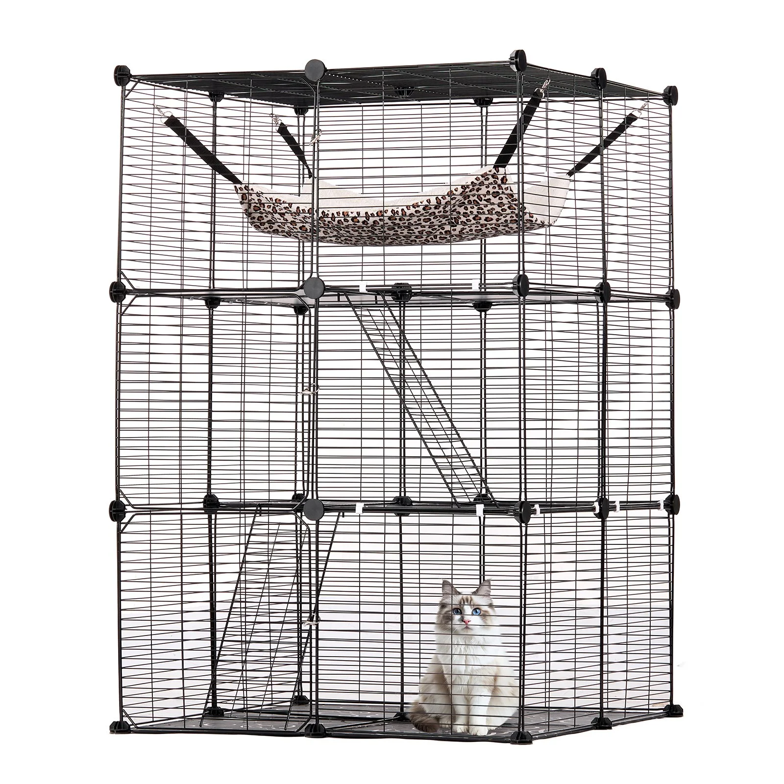 Large 3-tier Cat Cage, 28 x 28 x 41", DIY Detachable Metal Wire Durable Cat Enclosure, with Large Hammock 2 Ramp Ladders, Fit for Cats Exercise Indoor ＆ Outdoor, Ease of Assembly, Black