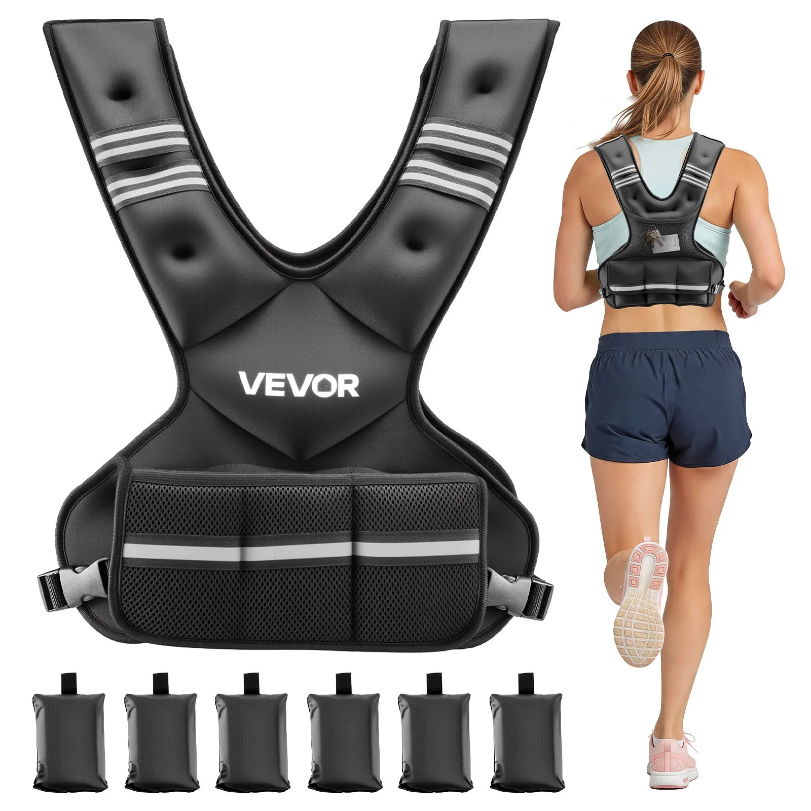Adjustable Weighted Vest, 20-32 lbs Comfortable X-Shape Body Weight Vest Set with 6 Weight Packs and Reflective Stripe, for Men Women, Workout Equipment for Strength Training Running Jogging
