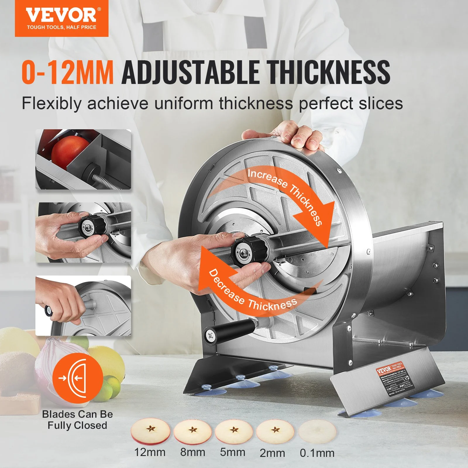 Manual Vegetable Fruit Slicer, 0-0.5"/0-12mm Thickness Adjustable Commercial Slicer Machine, Stainless Steel Food Cutter Slicing Machine with 2 Spare Blades, for Potato, Cucumber, Lemon, Tomato - Image 8