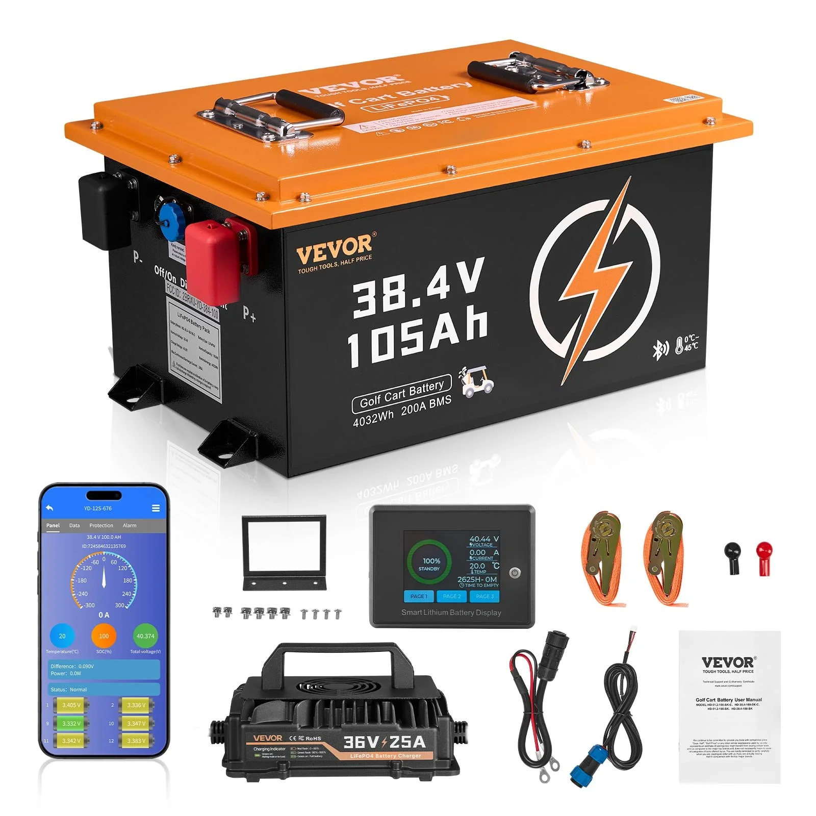 36V 105Ah Golf Cart Lithium Battery, 36 Volt Golf Cart Battery with 200A BMS, Touch Monitor and Mobile APP, LiFePO4 Battery with 600A Peak Current, 20A Charger and 4000+ Cycles, for Golf Carts