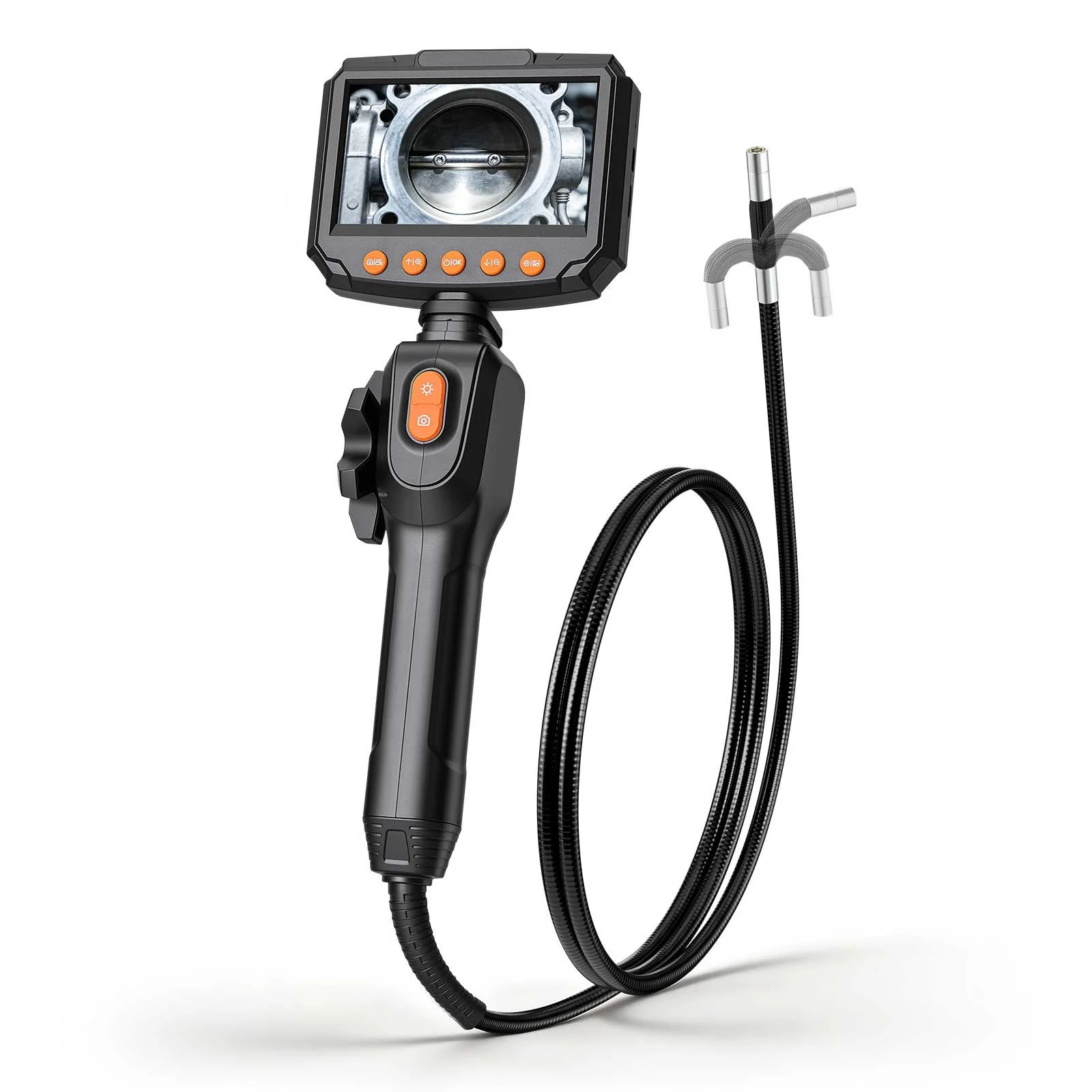 Articulating Endoscope with Light, Two-Way Articulated Borescope Camera, 4.3" HD IPS Screen, 1280 x 720 Lens, 8X Zoom, IP67 Waterproof Inspection Snake Camera for Auto, Plumbing (4.9FT Cable)