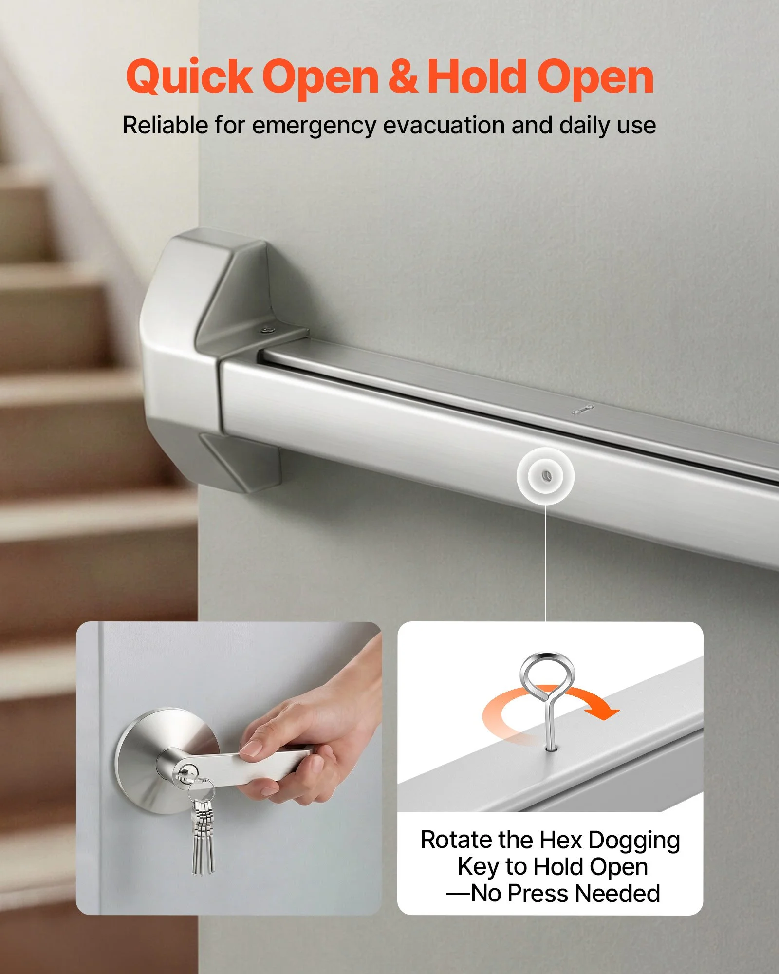 Push Bar Panic Exit Device, 41" Stainless Steel Commercial Panic Bar for Exit Doors, Emergency Exit Door Hardware with Exterior Lever Handle and 6 Keys, for 41"-61" Wood or Metal Door, Silver - Image 5