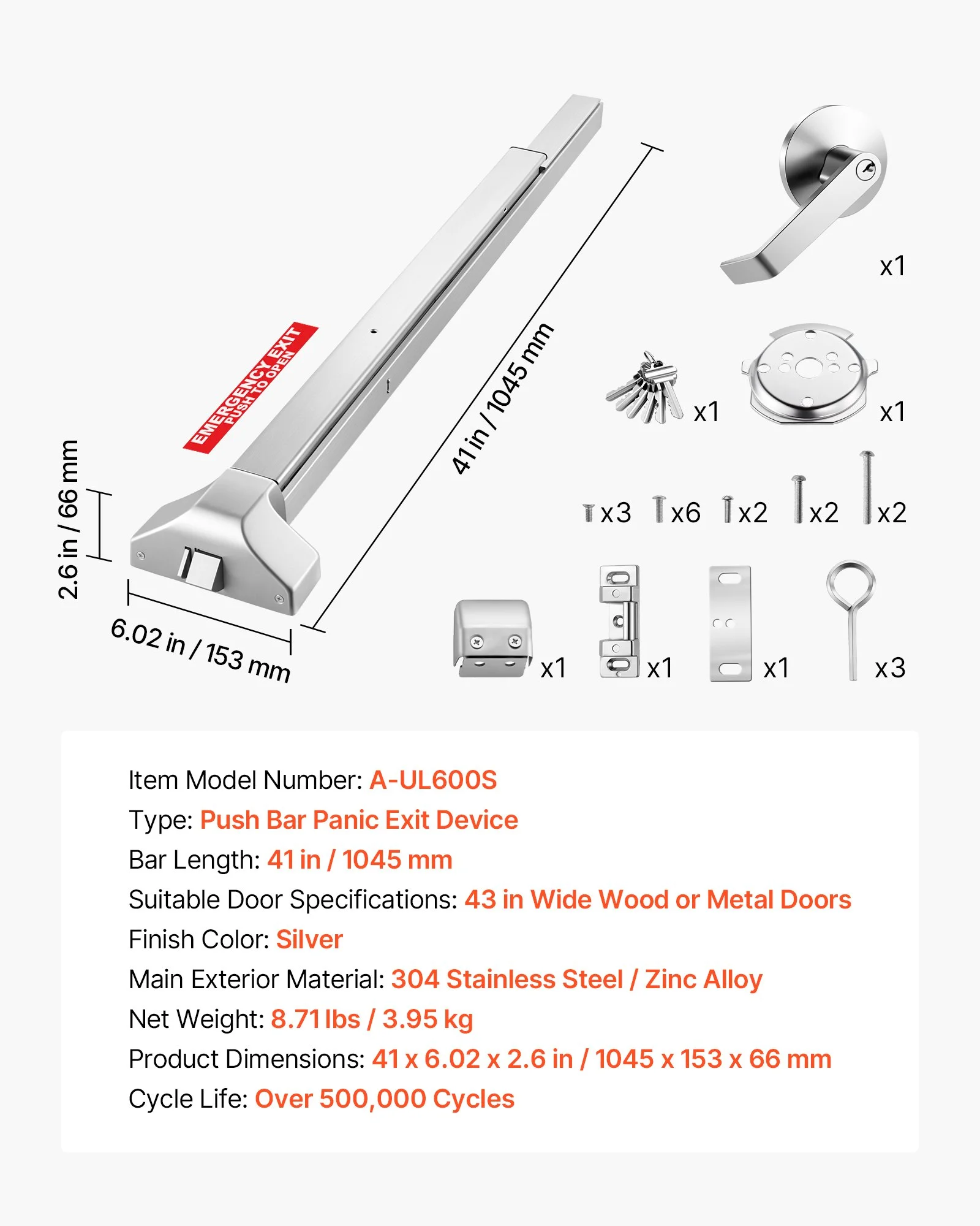 Push Bar Panic Exit Device, 41" Stainless Steel Commercial Panic Bar for Exit Doors, Emergency Exit Door Hardware with Exterior Lever Handle and 6 Keys, for 41"-61" Wood or Metal Door, Silver - Image 7