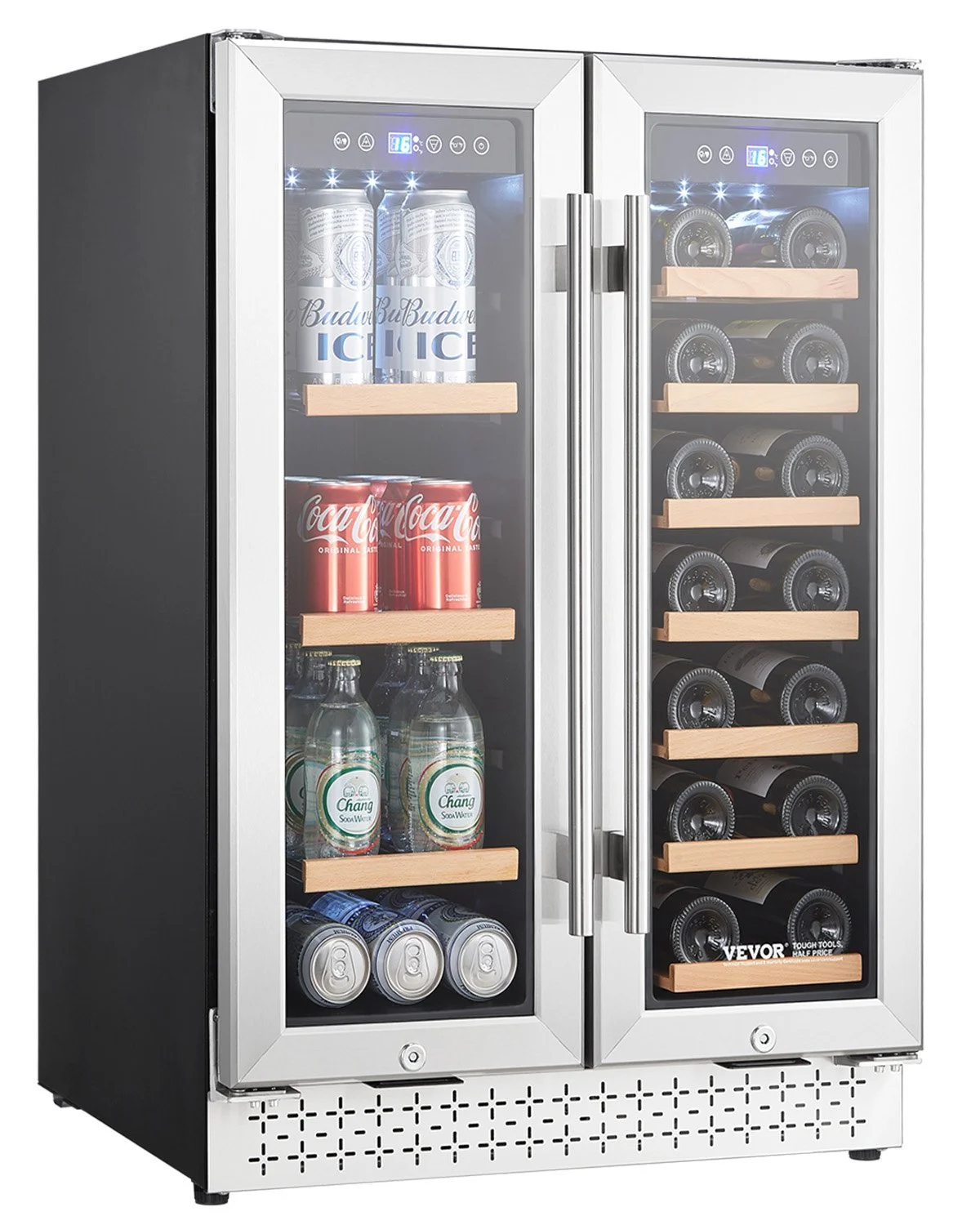 Wine and Beverage Refrigerator, 24 in Dual Zone Wine Cooler, Built-in & Freestanding Fridge with Glass Doors, Adjustable Shelves, Digital Temperature Control, 64 Cans and 20 Bottles Capacity
