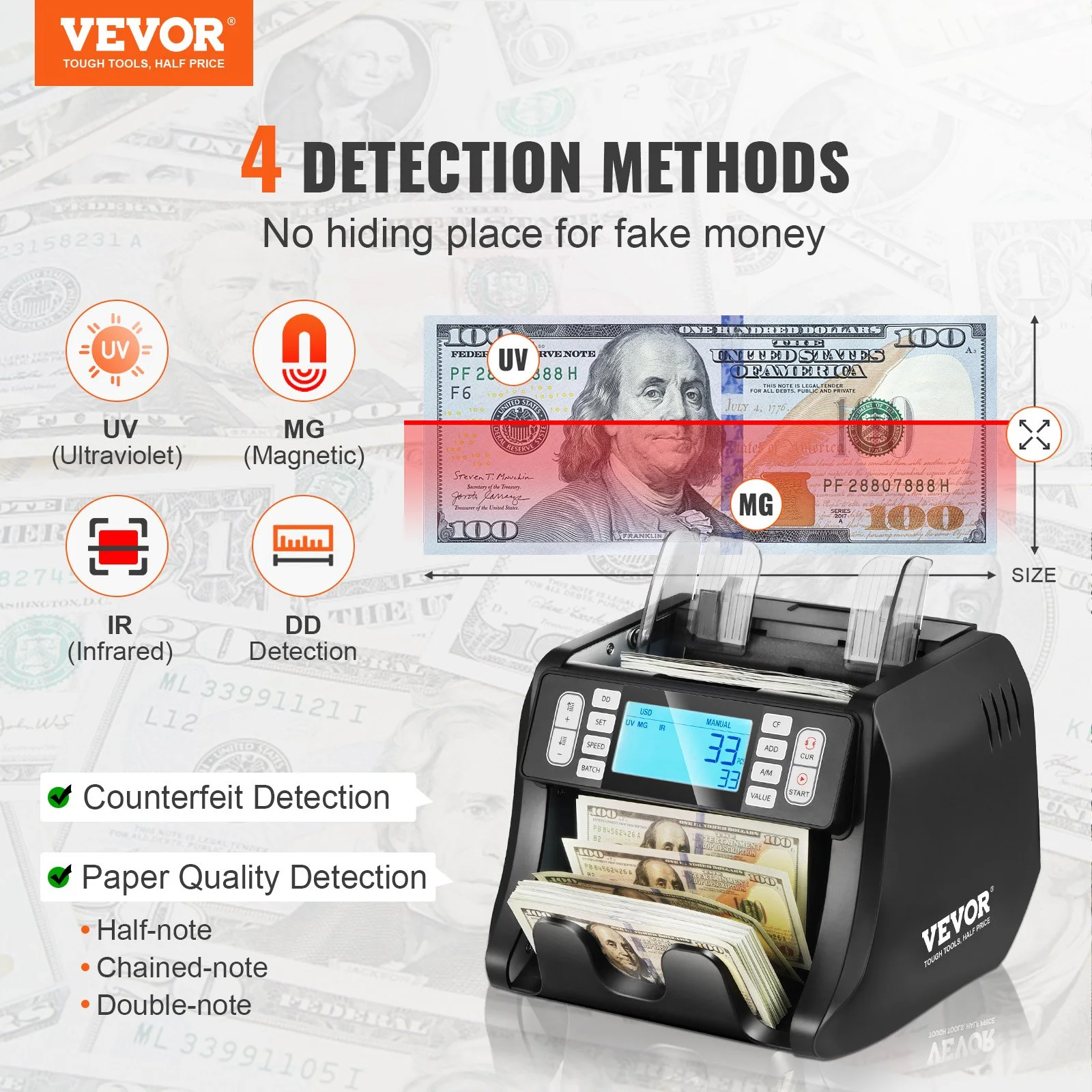 Money Counter Machine, Bill Counter with UV, MG, IR and DD Counterfeit Detection, USD & EUR Cash Counting Machine with Add and Batch Modes, Large LCD & External Display - Image 12