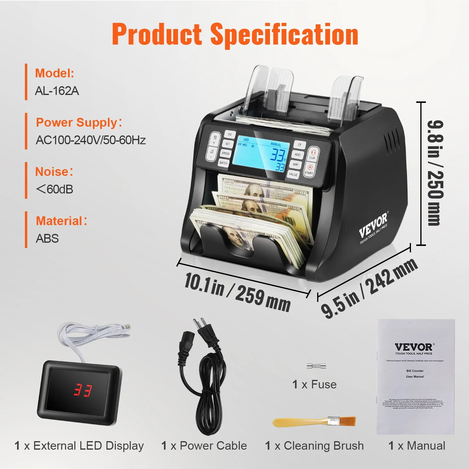 Money Counter Machine, Bill Counter with UV, MG, IR and DD Counterfeit Detection, USD & EUR Cash Counting Machine with Add and Batch Modes, Large LCD & External Display - Image 11
