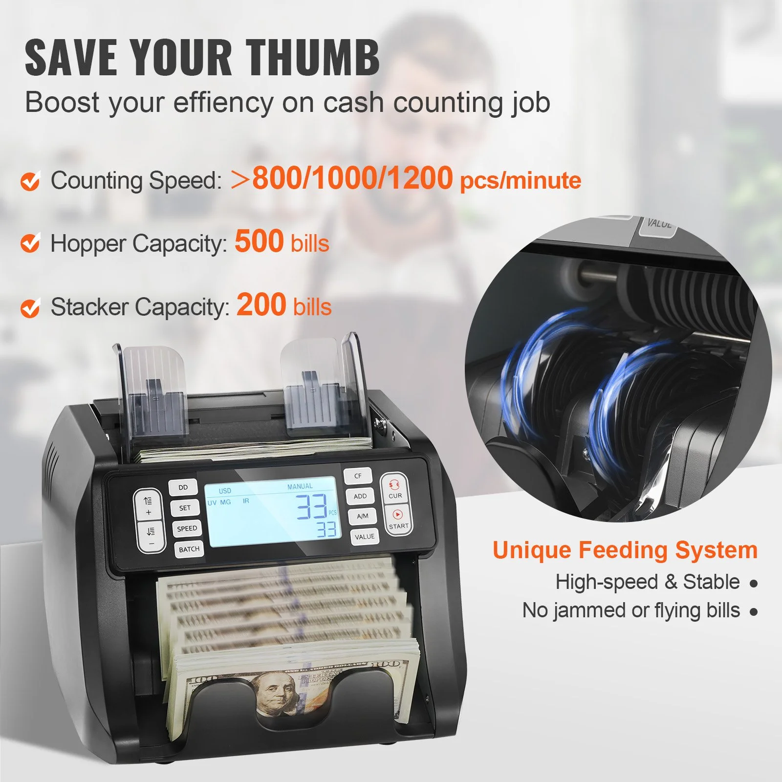 Money Counter Machine, Bill Counter with UV, MG, IR and DD Counterfeit Detection, USD & EUR Cash Counting Machine with Add and Batch Modes, Large LCD & External Display - Image 7