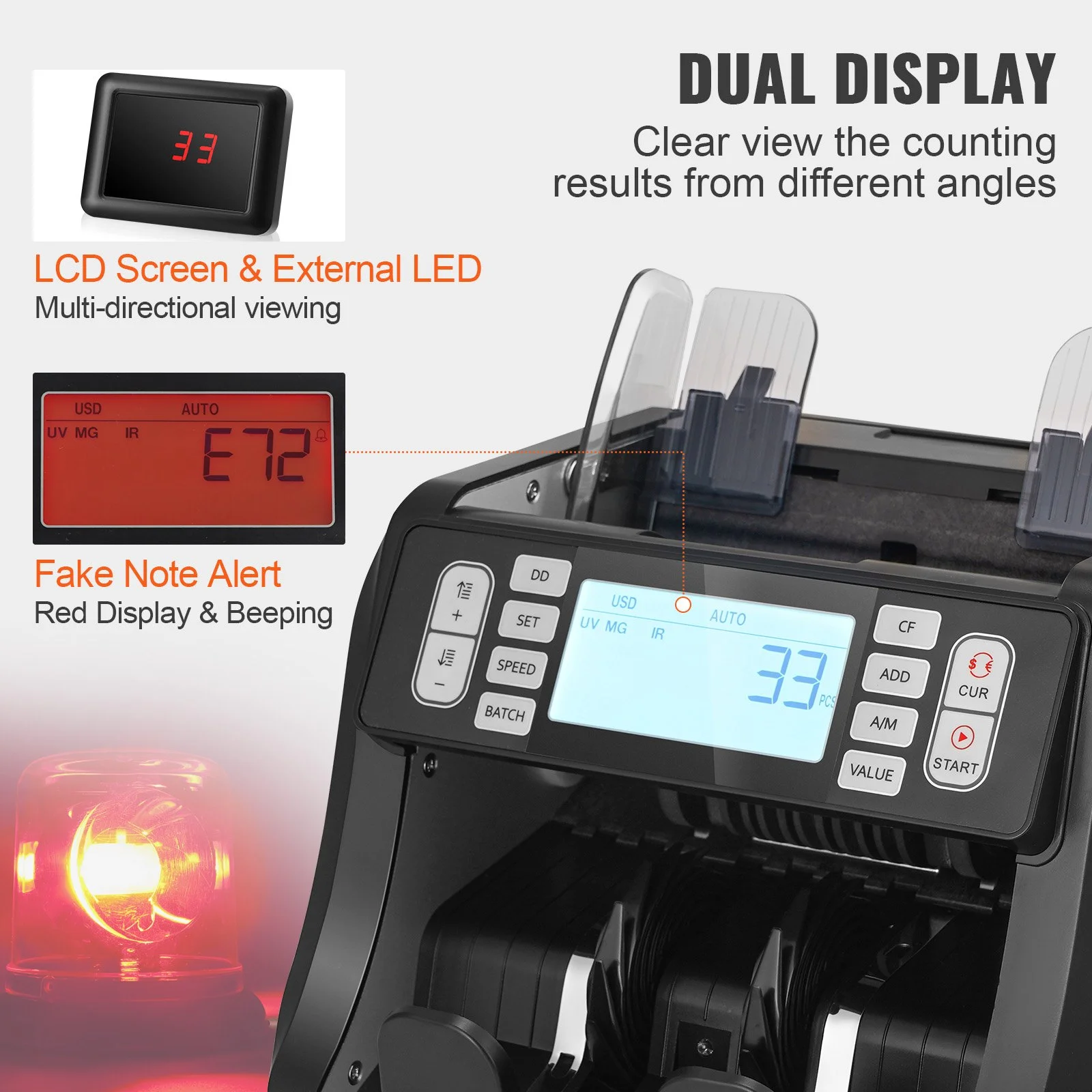 Money Counter Machine, Bill Counter with UV, MG, IR and DD Counterfeit Detection, USD & EUR Cash Counting Machine with Add and Batch Modes, Large LCD & External Display - Image 9
