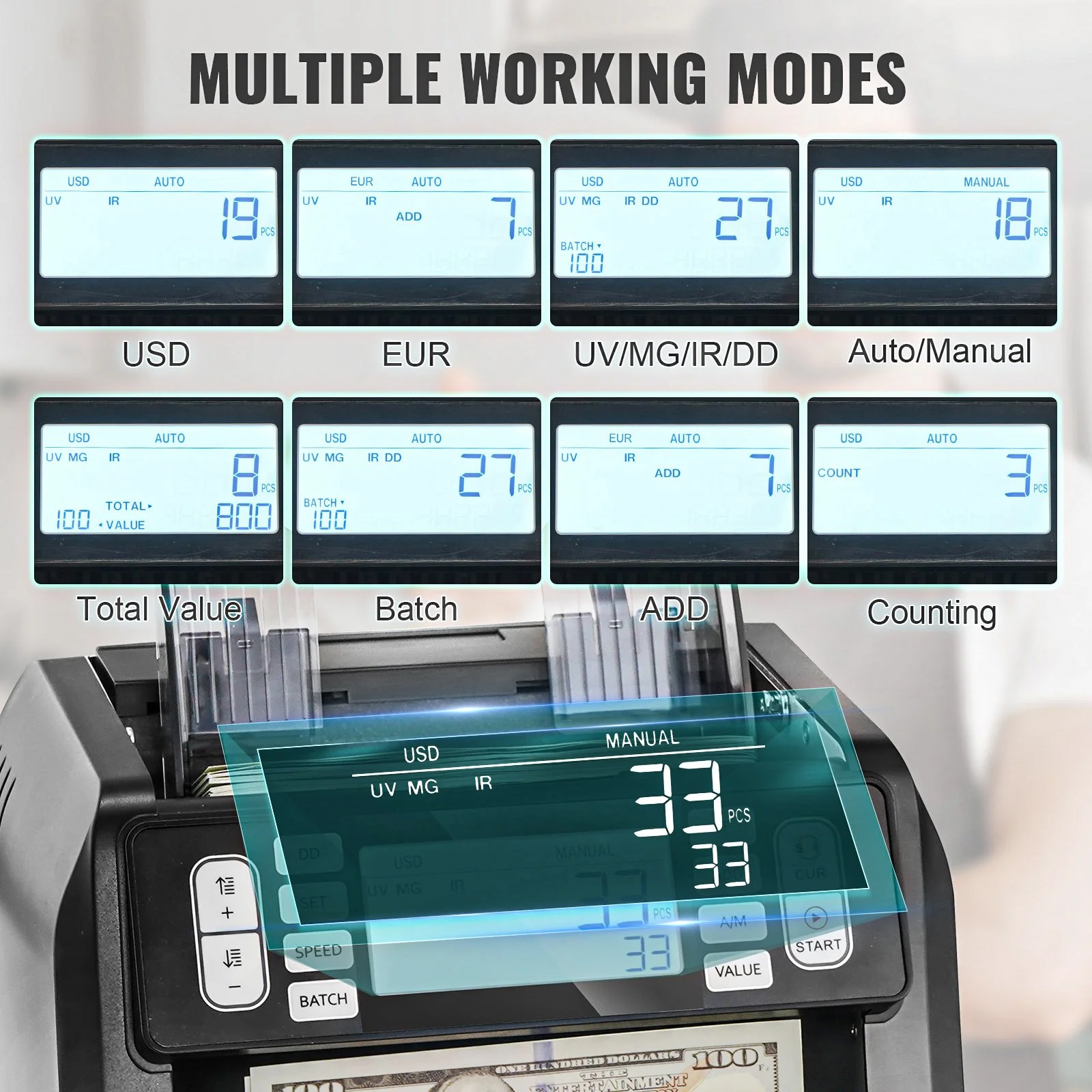 Money Counter Machine, Bill Counter with UV, MG, IR and DD Counterfeit Detection, USD & EUR Cash Counting Machine with Add and Batch Modes, Large LCD & External Display - Image 5