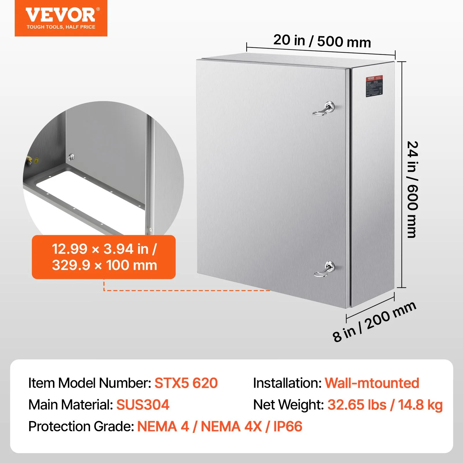 Steel Electrical Box, 24"x 20"x 8", 304 Stainless Steel Electrical Enclosure Box, Wall-Mounted Outdoor Electrical Electronic Equipment Enclosure with Mounting Plate Hinges Lock, IP66 Waterproof - Image 9