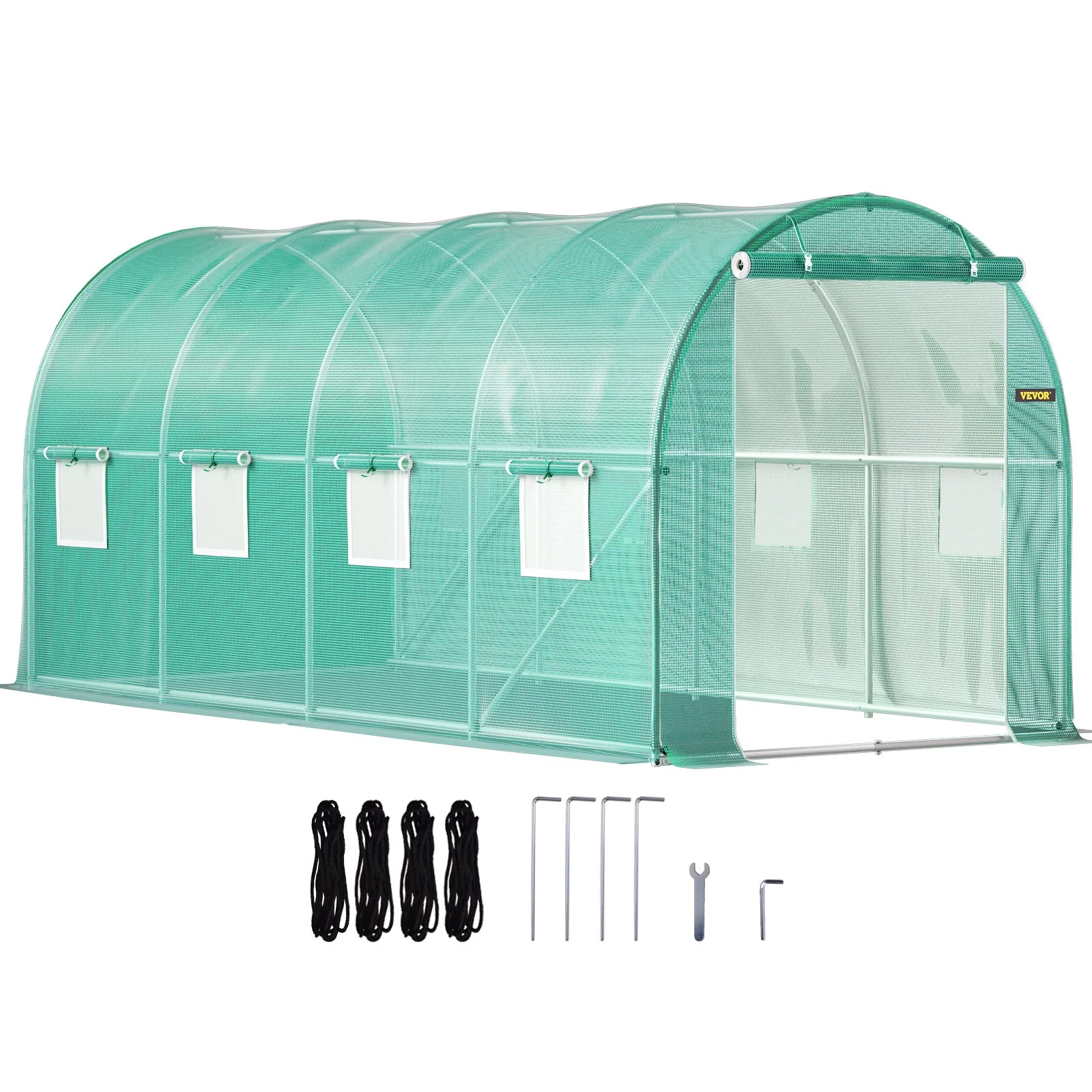 Walk-in Tunnel Greenhouse, 15 x 7 x 7 ft Portable Plant Hot House with Galvanized Steel Hoops, 1 Top Beam, Diagonal Poles, Zippered Door & 8 Roll-up Windows, Green