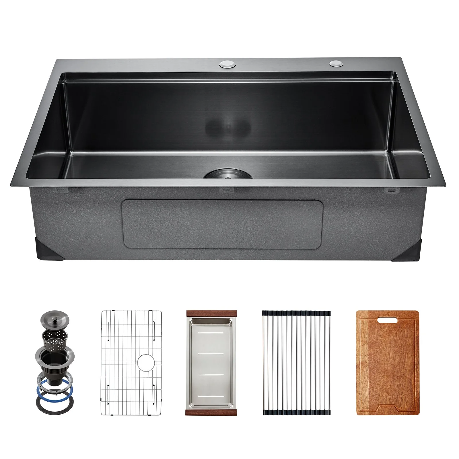 33 inch Kitchen Sink Workstation, 304 Stainless Steel Top Mount Sinks, Drop-In Single Bowl Farmhouse Basin with Ledge & Multiple Accessories, Household Dishwasher Sink for RV, Bar (Black)