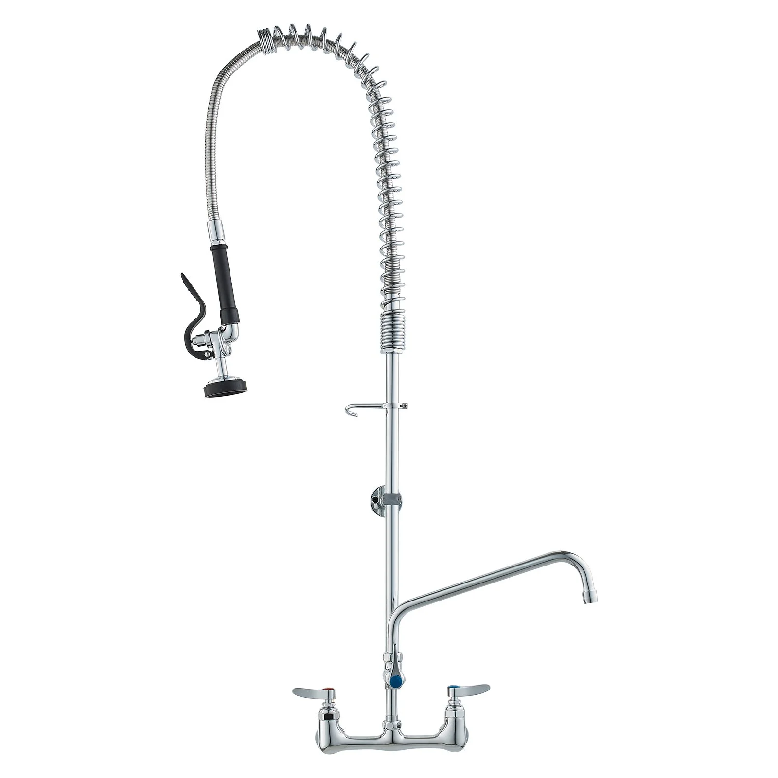 Industrial Sink Faucet, 44" Tall, 8" Apart, 12" Rotating Spout, Wall Mounted, Brass Made with Extendable Sprayer, Fits Single/Triple Sinks