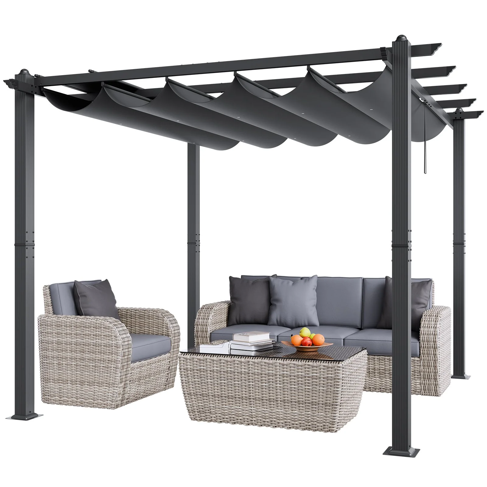 10'x10' Outdoor Retractable Pergola with Canopy, Aluminum Pergola with Retractable Canopy, Modern Pergola with Sun Shade Canopy for Patios, Gardens, Decks, Backyards (Gray)