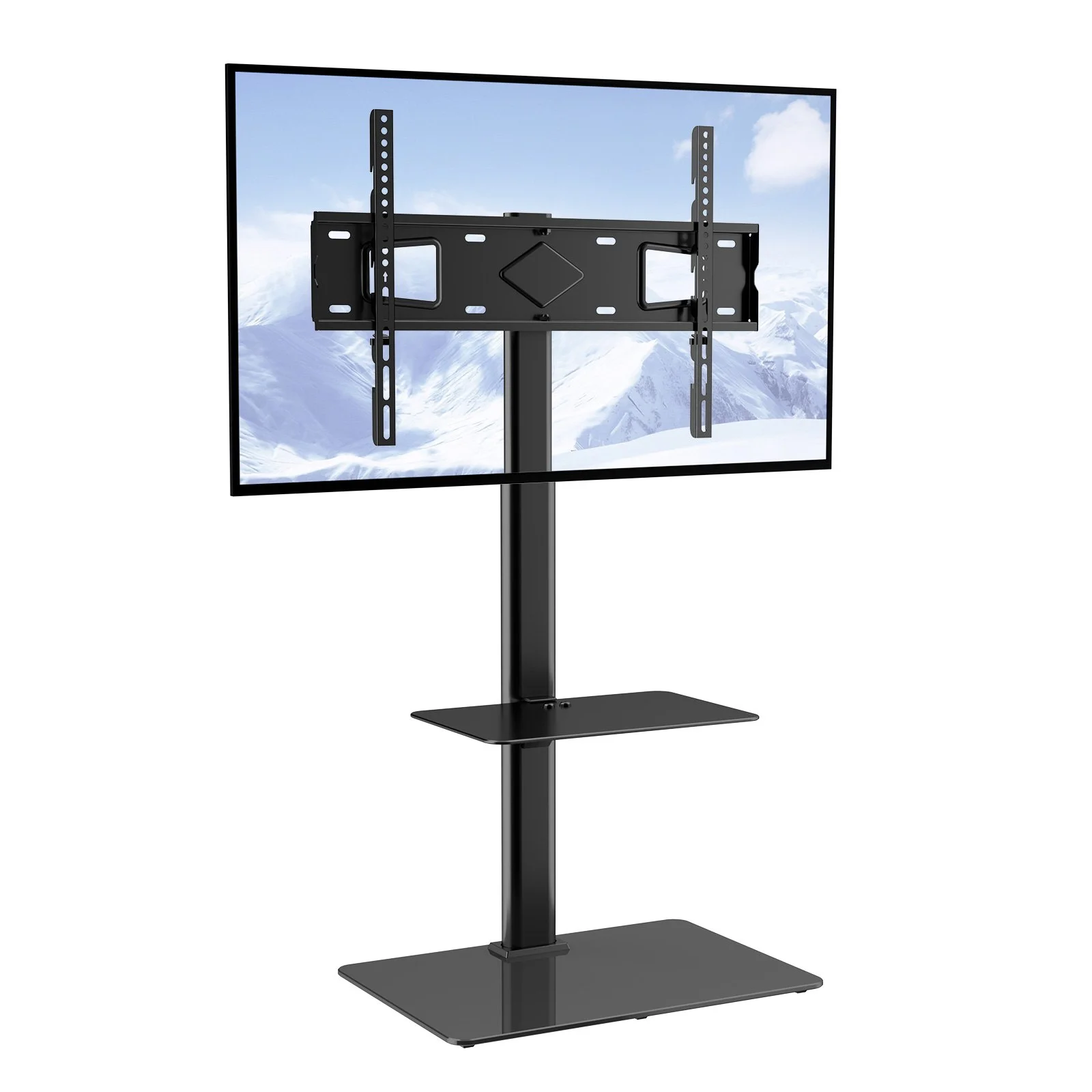 TV Stand Mount, Swivel Tall TV Stand for 32 to 65 inch TVs, Height Adjustable Portable Floor TV Stand with Tempered Glass Base for Bedroom, Living Room