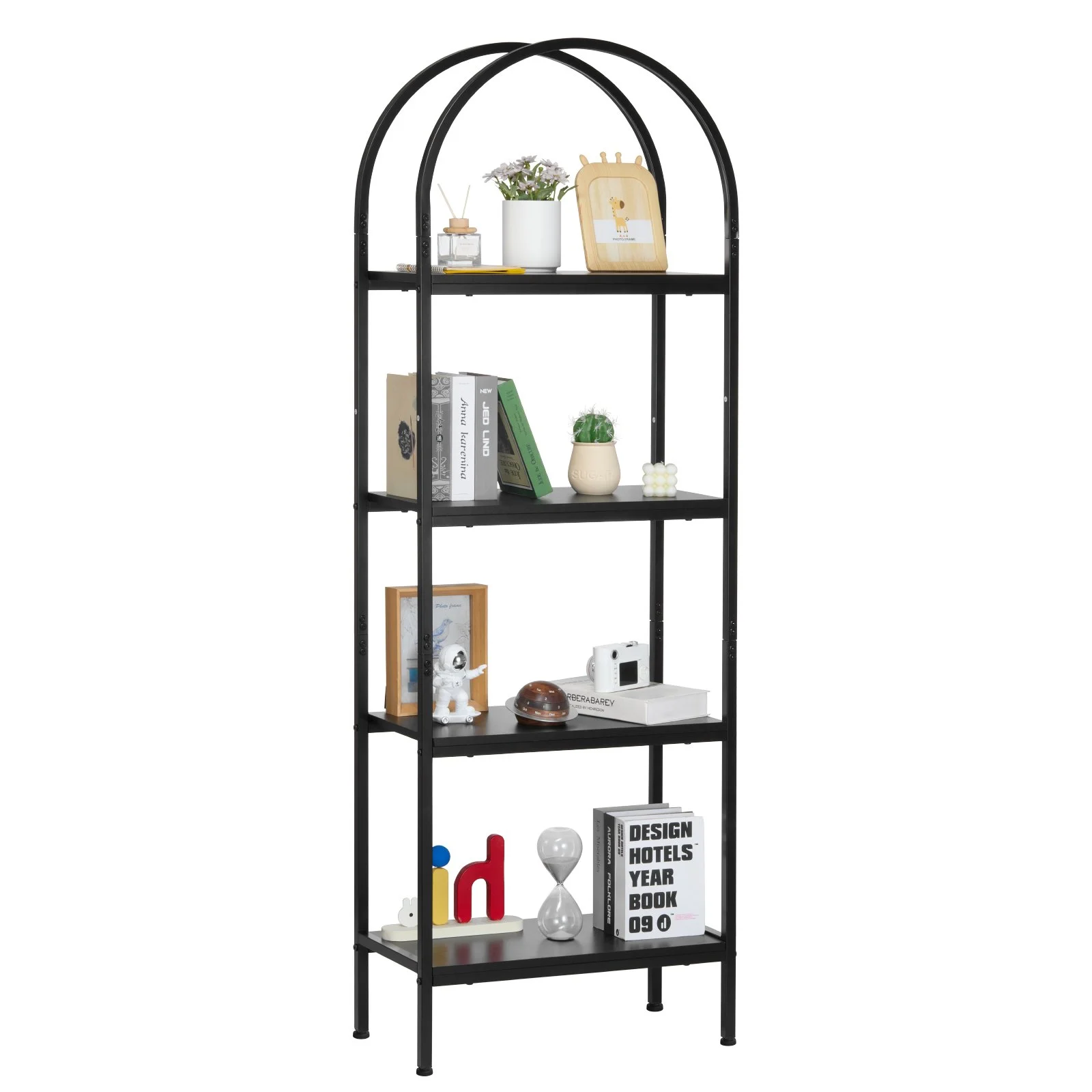Open Bookshelf, 4-Tier, Arched Bookcase Storage Shelves with Metal Frame, Industrial Metal Book Organizer, Freestanding Display Rack Tall Shelving Unit, for Office, Bedroom, Living Room, Black