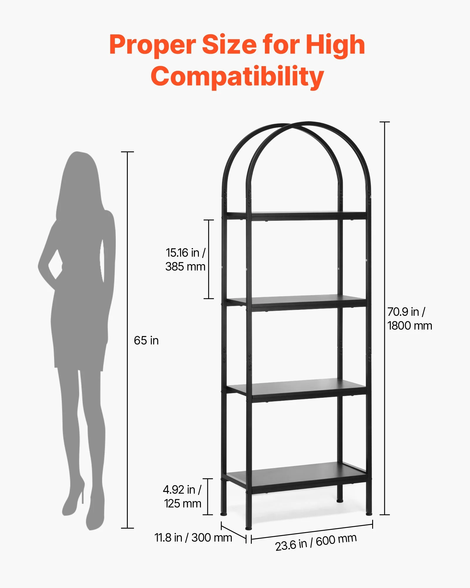 Open Bookshelf, 4-Tier, Arched Bookcase Storage Shelves with Metal Frame, Industrial Metal Book Organizer, Freestanding Display Rack Tall Shelving Unit, for Office, Bedroom, Living Room, Black - Image 12