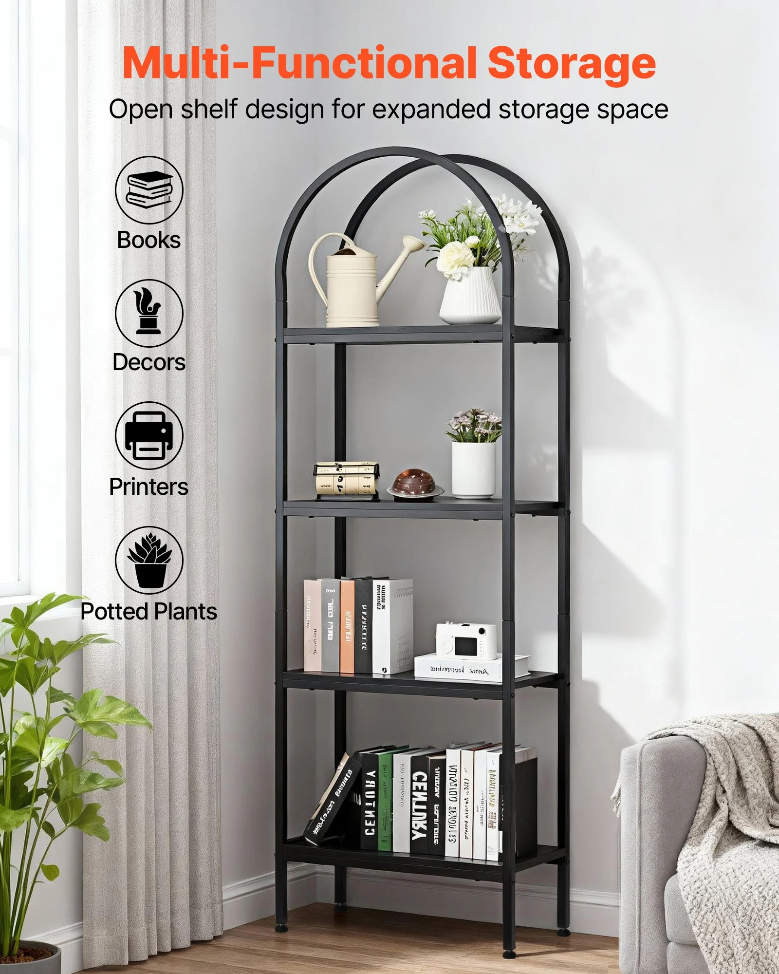 Open Bookshelf, 4-Tier, Arched Bookcase Storage Shelves with Metal Frame, Industrial Metal Book Organizer, Freestanding Display Rack Tall Shelving Unit, for Office, Bedroom, Living Room, Black - Image 11