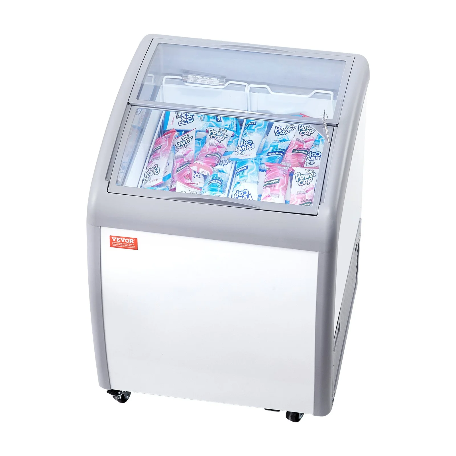 Commercial Ice Cream Display Case, 5.4 Cu.ft Chest Freezer, Mobile Glass Top Deep Freezer, Restaurant Gelato Dipping Cabinet with 2 Wire Baskets, 2 Sliding Glass Doors, Locking Casters, White