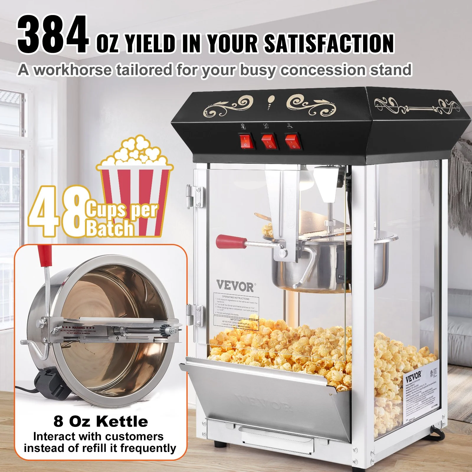 Popcorn Maker, 850W Popcorn Popper Machine, 8 Oz Kettle Makes 48 Cups per Batch, Countertop Popcorn Maker with Tempered Glass, Includes 4 Scoops, Movie Theater Style, Black - Image 4