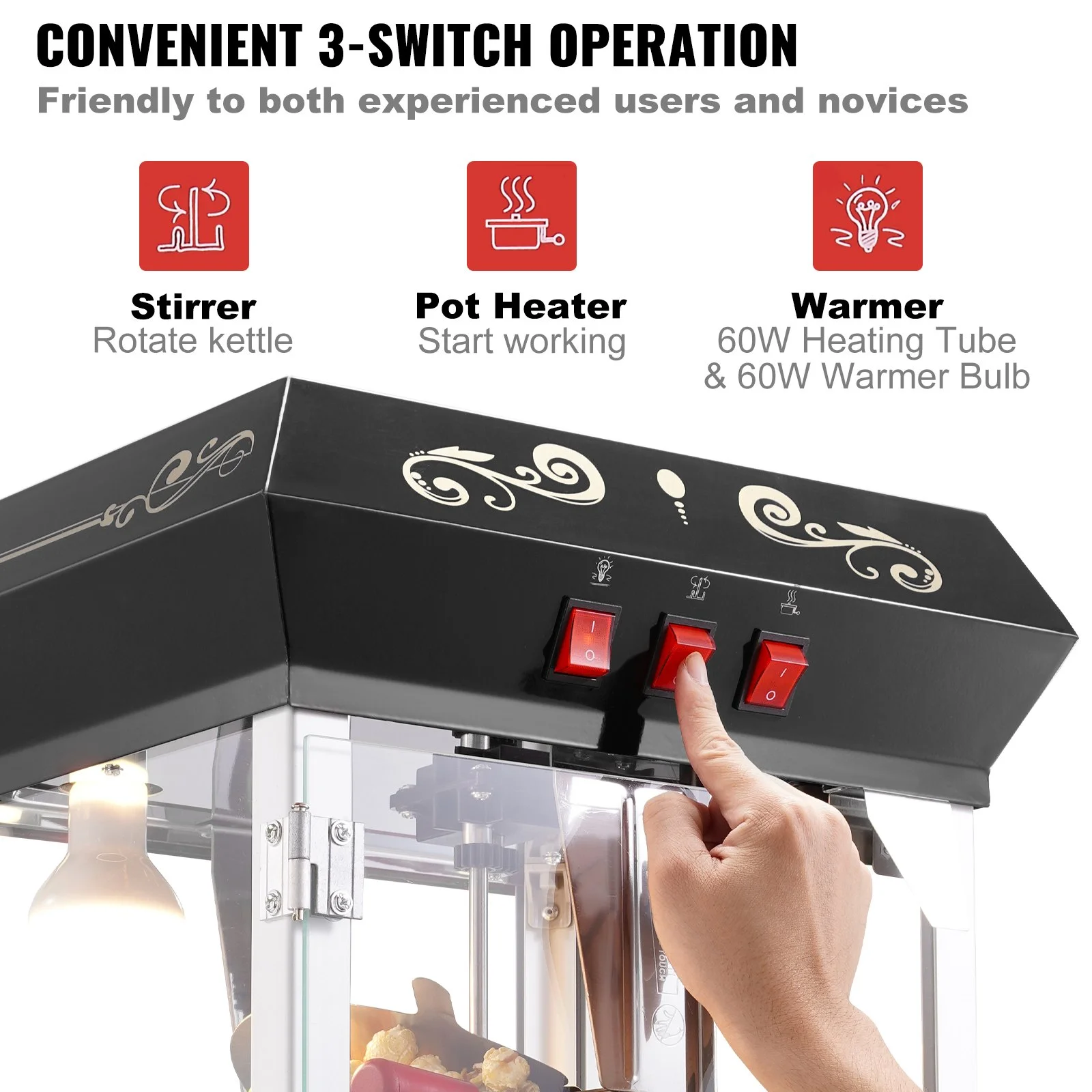 Popcorn Maker, 850W Popcorn Popper Machine, 8 Oz Kettle Makes 48 Cups per Batch, Countertop Popcorn Maker with Tempered Glass, Includes 4 Scoops, Movie Theater Style, Black - Image 3