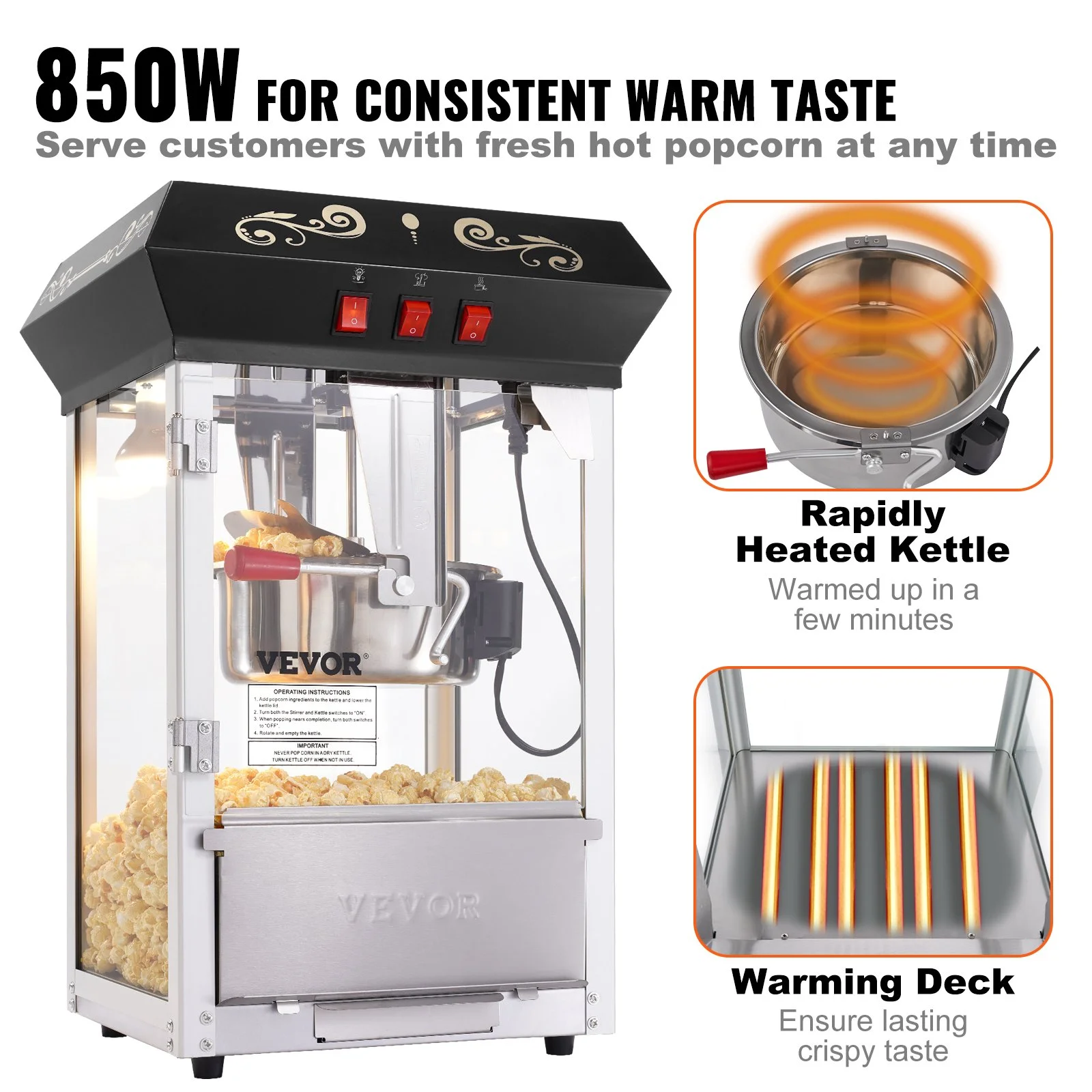 Popcorn Maker, 850W Popcorn Popper Machine, 8 Oz Kettle Makes 48 Cups per Batch, Countertop Popcorn Maker with Tempered Glass, Includes 4 Scoops, Movie Theater Style, Black - Image 6