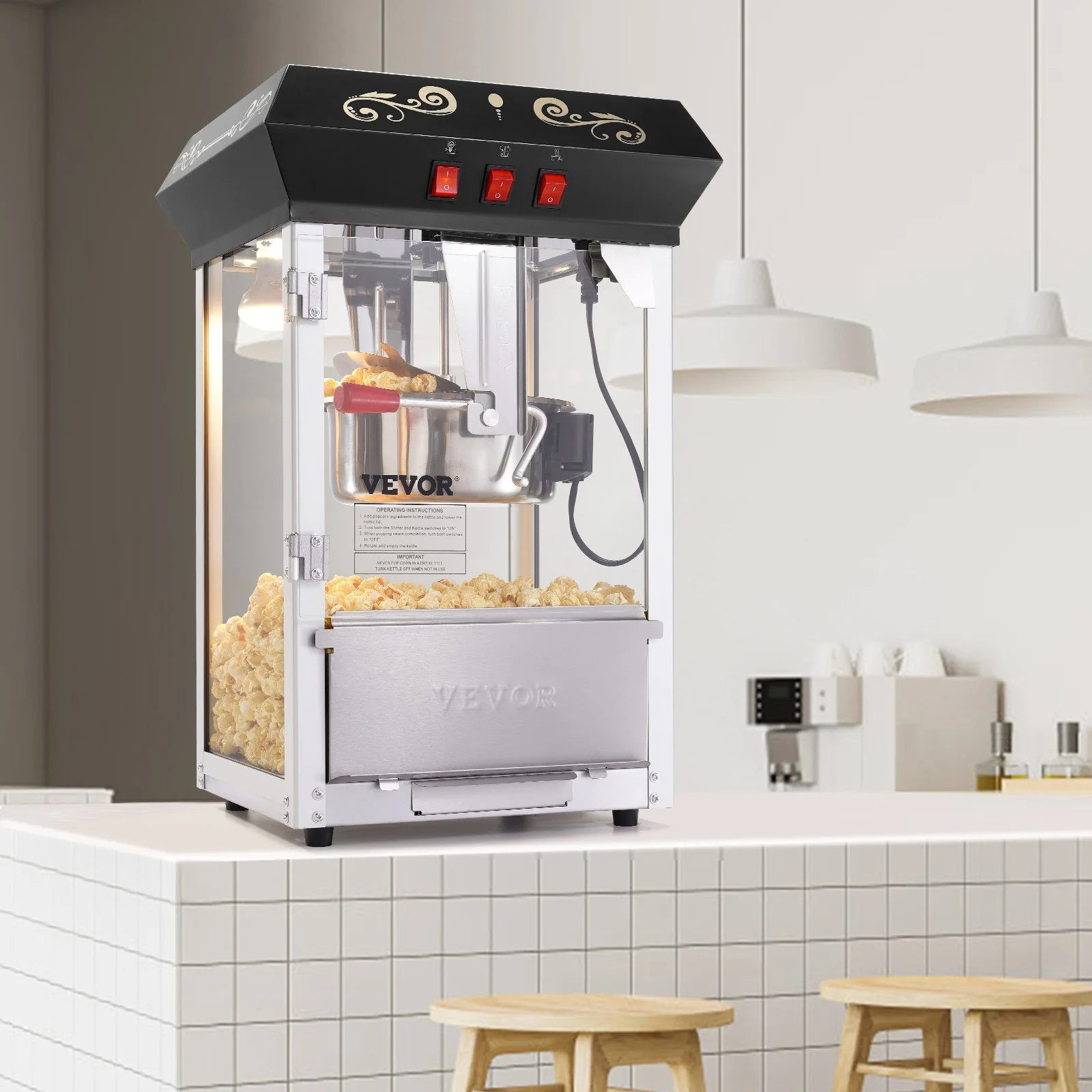 Popcorn Maker, 850W Popcorn Popper Machine, 8 Oz Kettle Makes 48 Cups per Batch, Countertop Popcorn Maker with Tempered Glass, Includes 4 Scoops, Movie Theater Style, Black - Image 8
