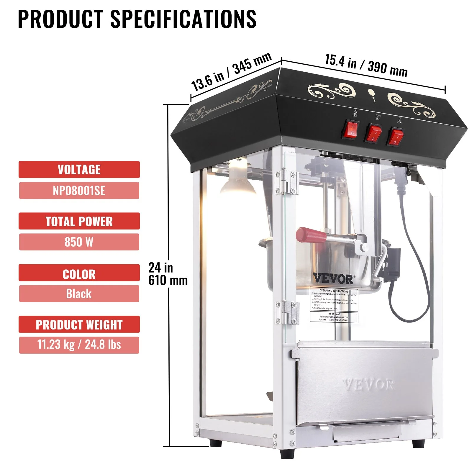 Popcorn Maker, 850W Popcorn Popper Machine, 8 Oz Kettle Makes 48 Cups per Batch, Countertop Popcorn Maker with Tempered Glass, Includes 4 Scoops, Movie Theater Style, Black - Image 7