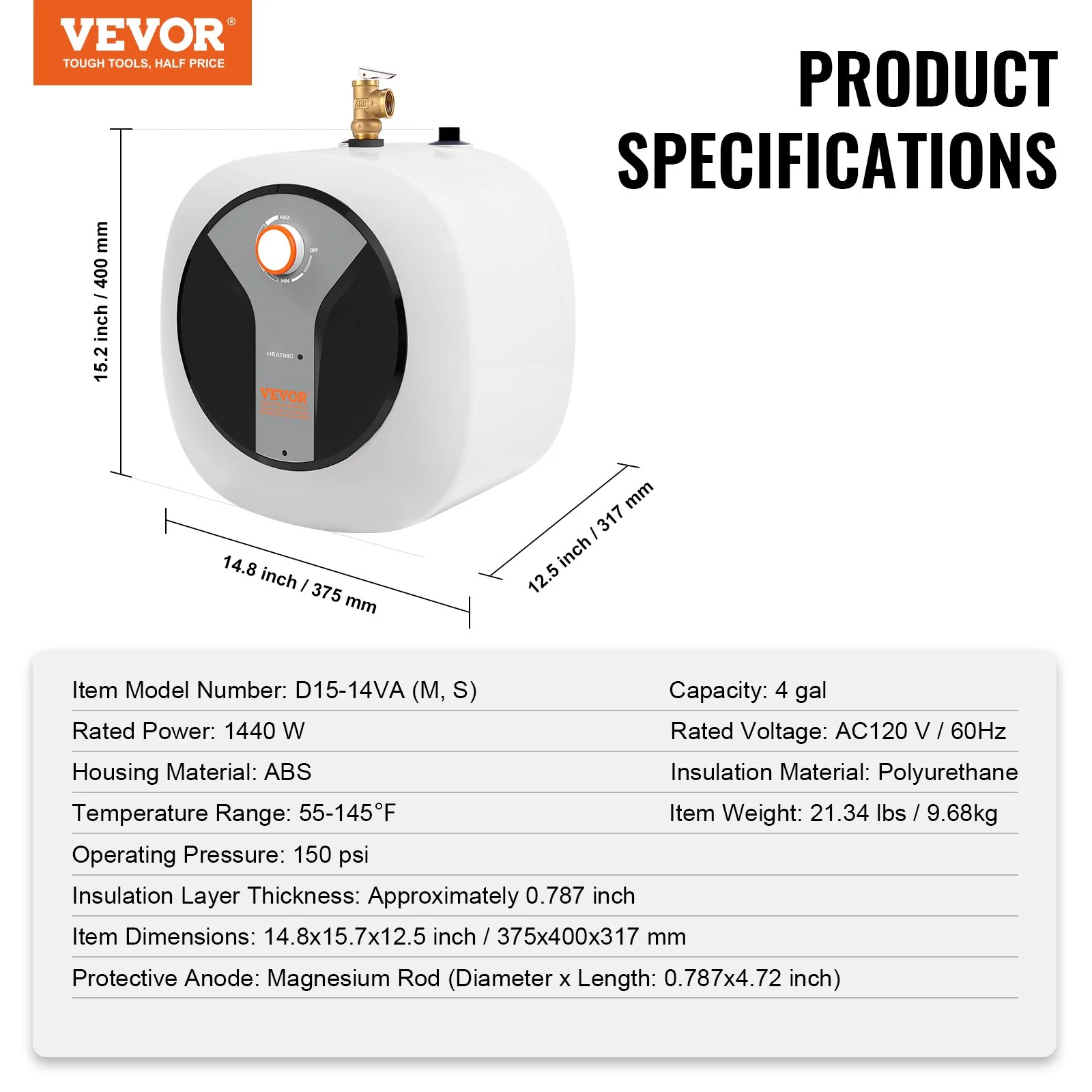 Electric Mini-Tank Water Heater 4-Gallon Tank, 1440W Hot Water Boiler Storage, Safety Temperature Pressure Valve Easy Install, for Kichen Bathroom Restaurant, Shelf Wall Mounted - Image 9