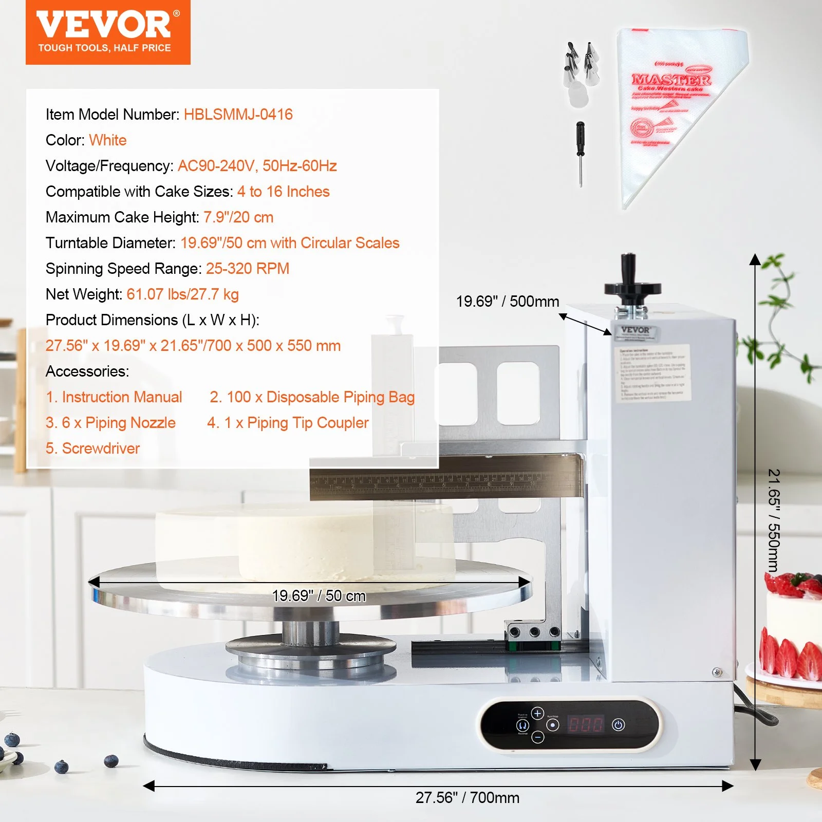 Cake Decorating Machine, Cake Cream Spreading Coating Smearing Machine, Low Noise Cake Frosting Machine, Turntable with Adjustable Scraper, for 4" to 16" Cake, 25-320RPM Rotating Speed, White - Image 7