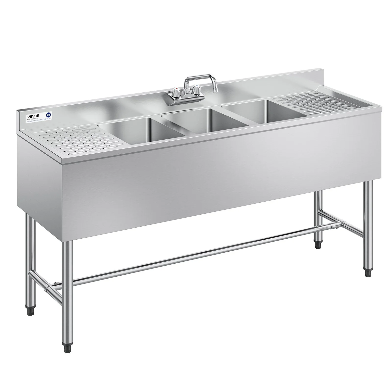 3 Compartment Sink, 18-Gauge 304 Stainless Steel, 10" x 14" x 10" Bowl Size, 3 Bay Commercial Under Bar Sink with Double Drainboard and Backsplash for Kitchen, Restaurant, Food Truck & Home Use