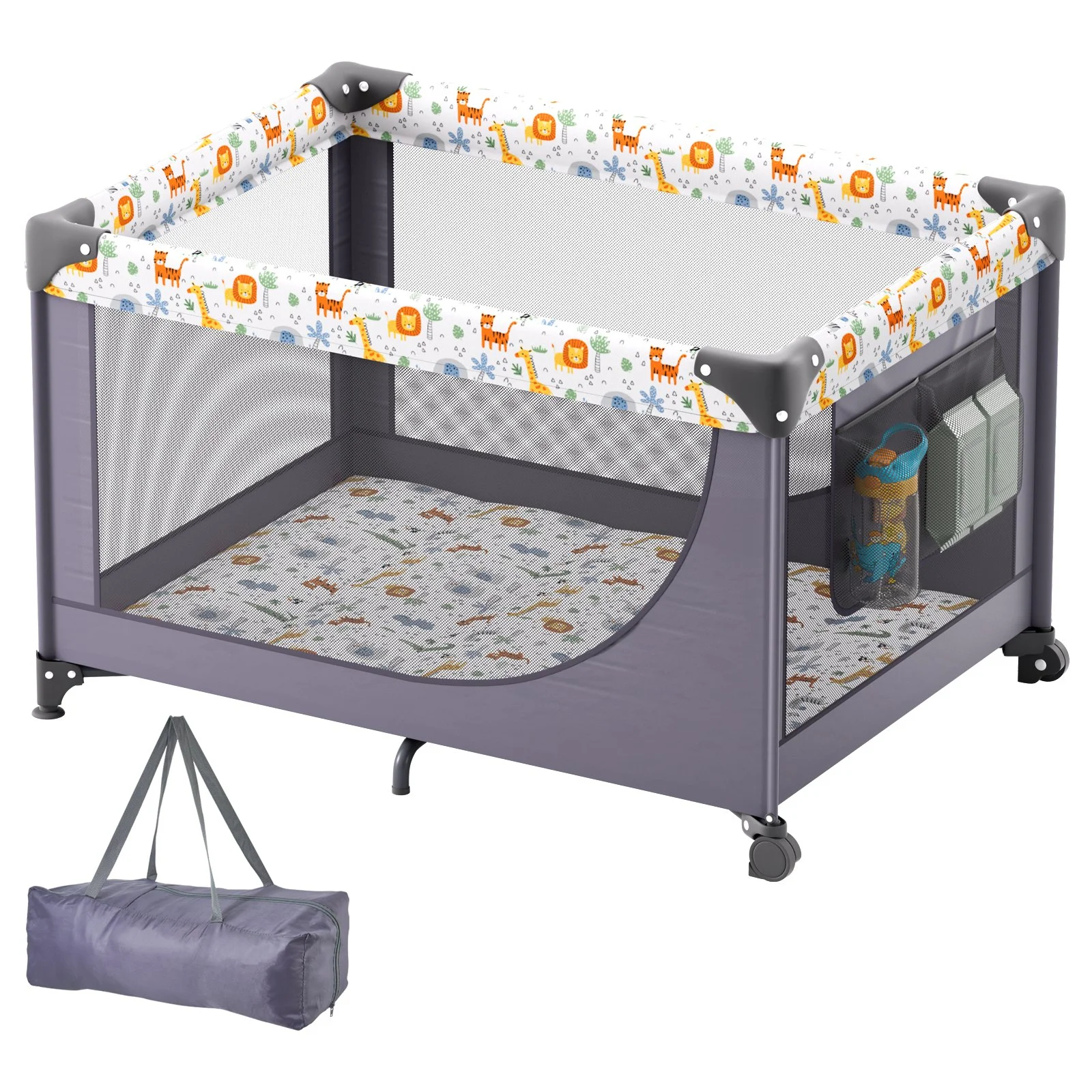 Baby Playpen Travel Crib, Quick-Folding Playpen for Baby & Toddler, Portable Baby Fence Play Yard with Wheels, Breathable Mesh & Travel Bag, Indoor/Outdoor Kids Activity Center for 0-36 Months