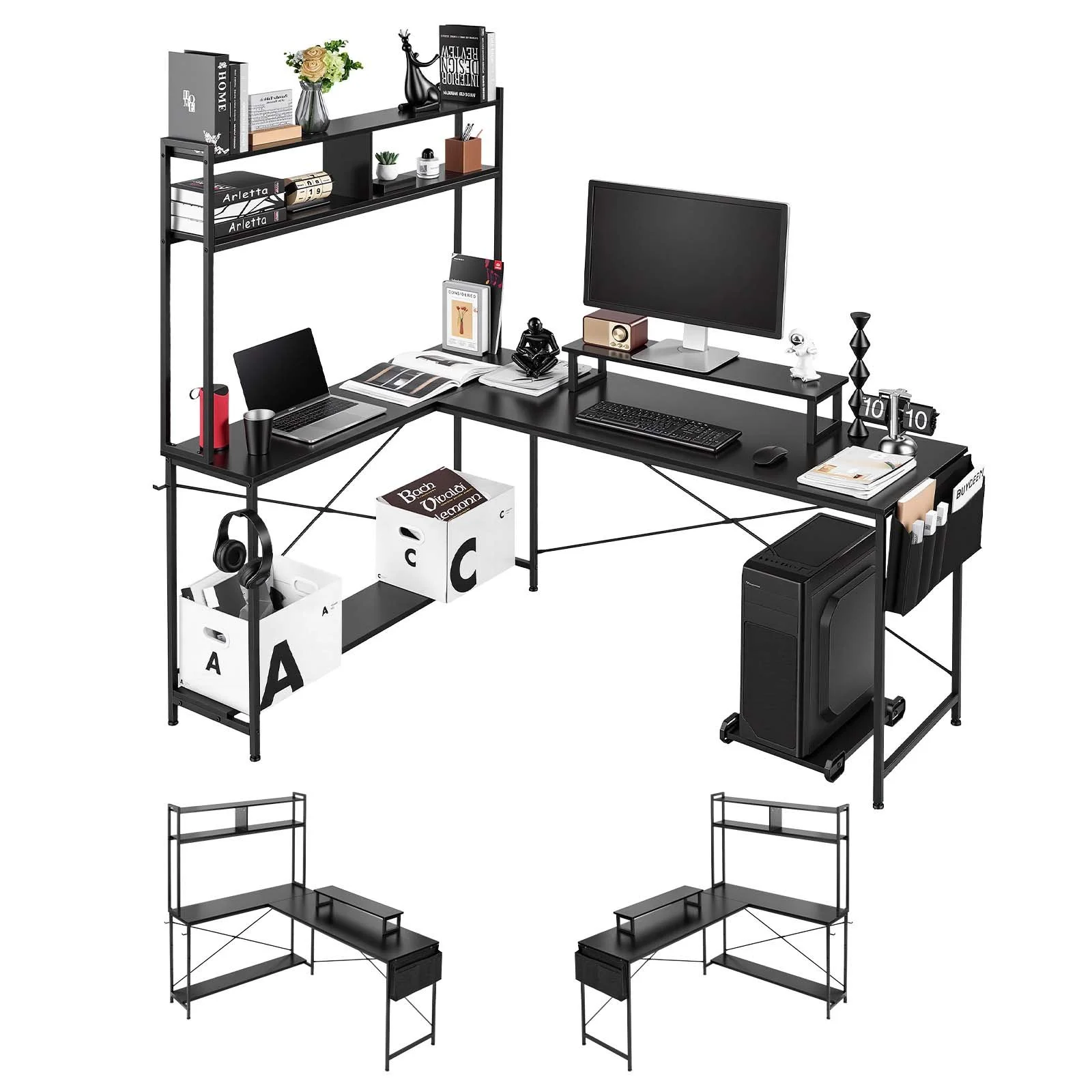 L-Shaped Computer Desk, 67-inch Reversible Corner Gaming Desk with Monitor Stand & Movable CPU Stand, Modern Stylish PC Table Sturdy Work Workstation for Home Office - Easy to Assembly