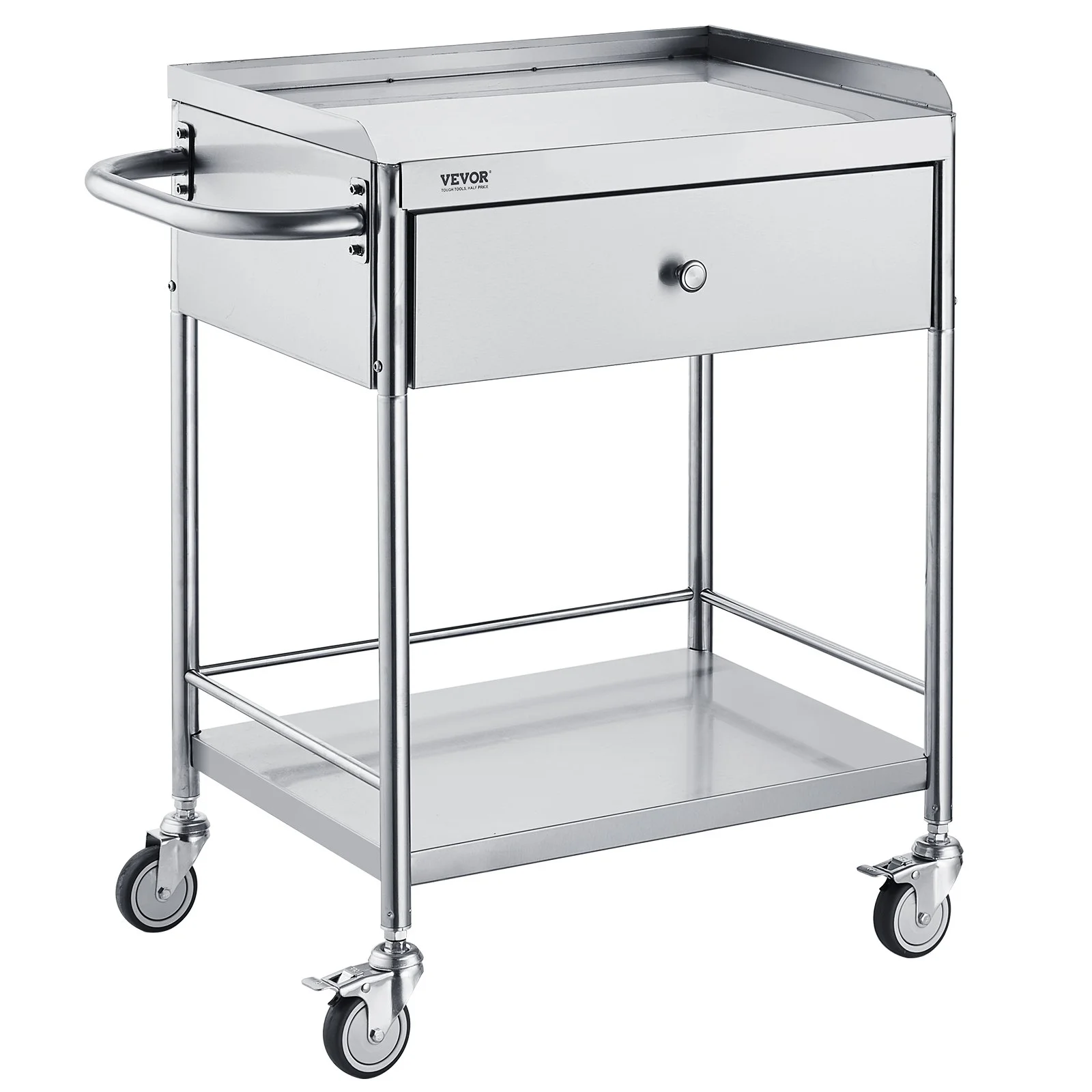 Medical Cart, 2-Layer Stainless Steel Cart 220 lbs Weight Capacity, Lab Utility Cart with 360° Silent Wheels and a Drawer for Lab, Clinic, Kitchen, Salon