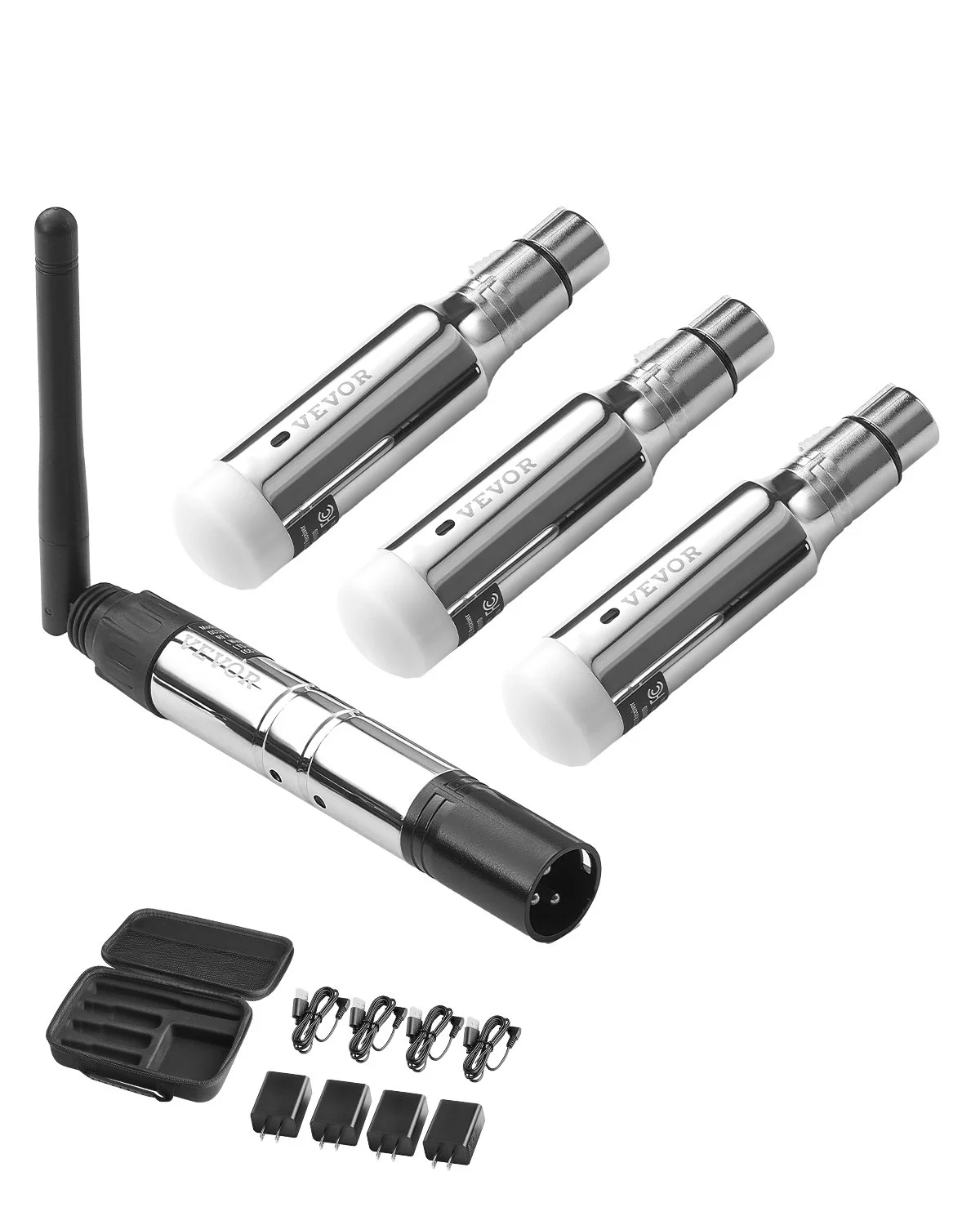 DMX Wireless Receiver, 3 Receivers & 1 Transmitter, 2.4G ISM Band, 656 ft Transmission Range, Rechargeable Battery, Wireless Stage Lighting Control, for LED Stage Party DJ Bar Lighting, Silver