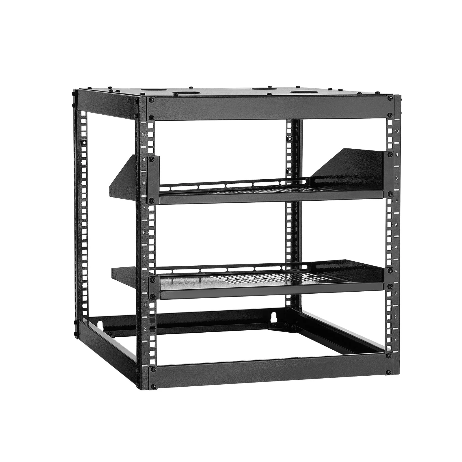 10U Open Frame Network Rack, 23 in Depth, Wall Mounted or Floor Standing Server Rack, Heavy Duty 4 Post, with Vented Shelves & Mounting Hardware, Holds All Your Networking IT Equipment AV Gear