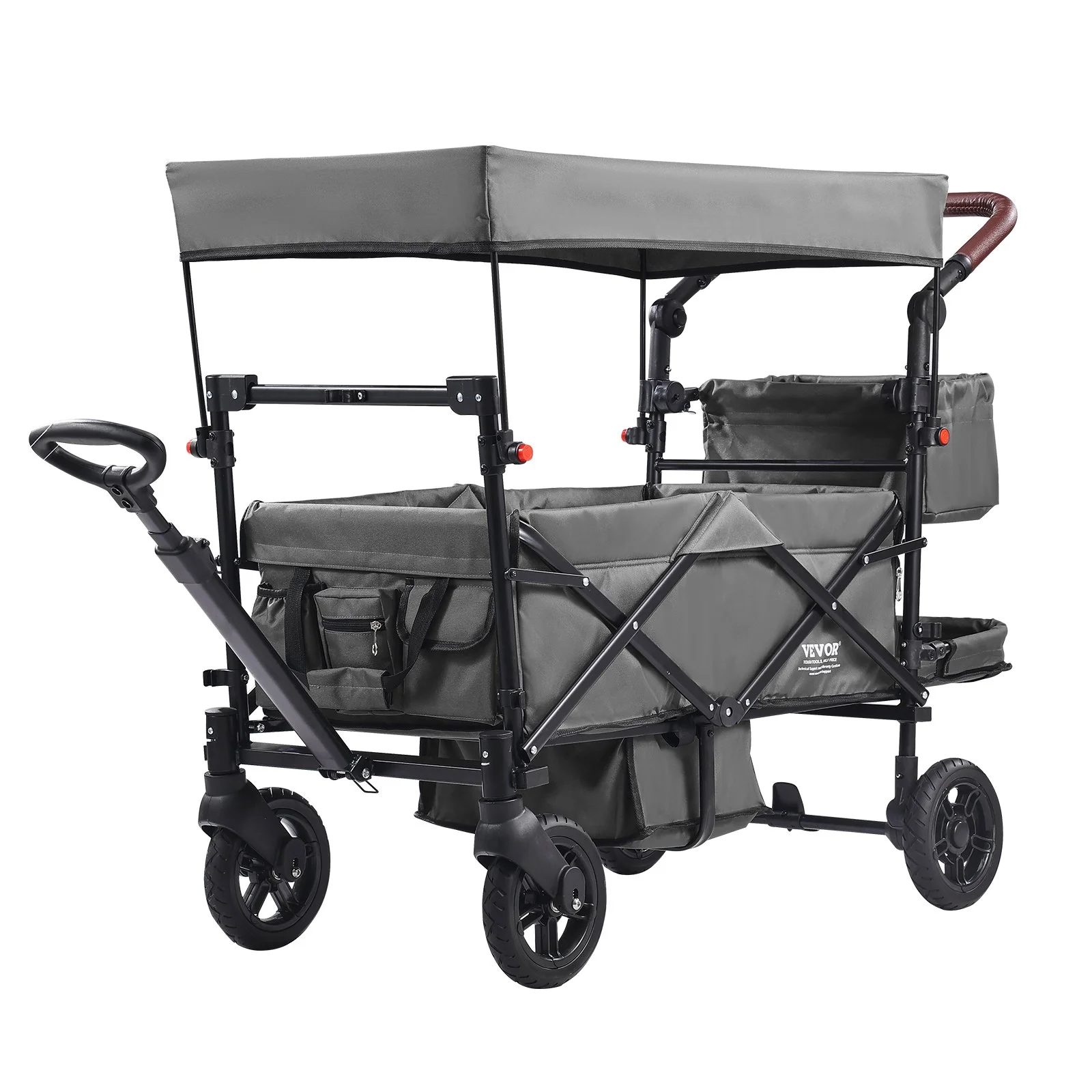 Wagon Stroller for 2 Kids, Push Pull Quad Collapsible Stroller with Adjustable Handle, Encircling Harness Removable Canopy, 4 Wheels w/ Brakes, Mutifunction Tandem Stroller for Camping Dark Grey